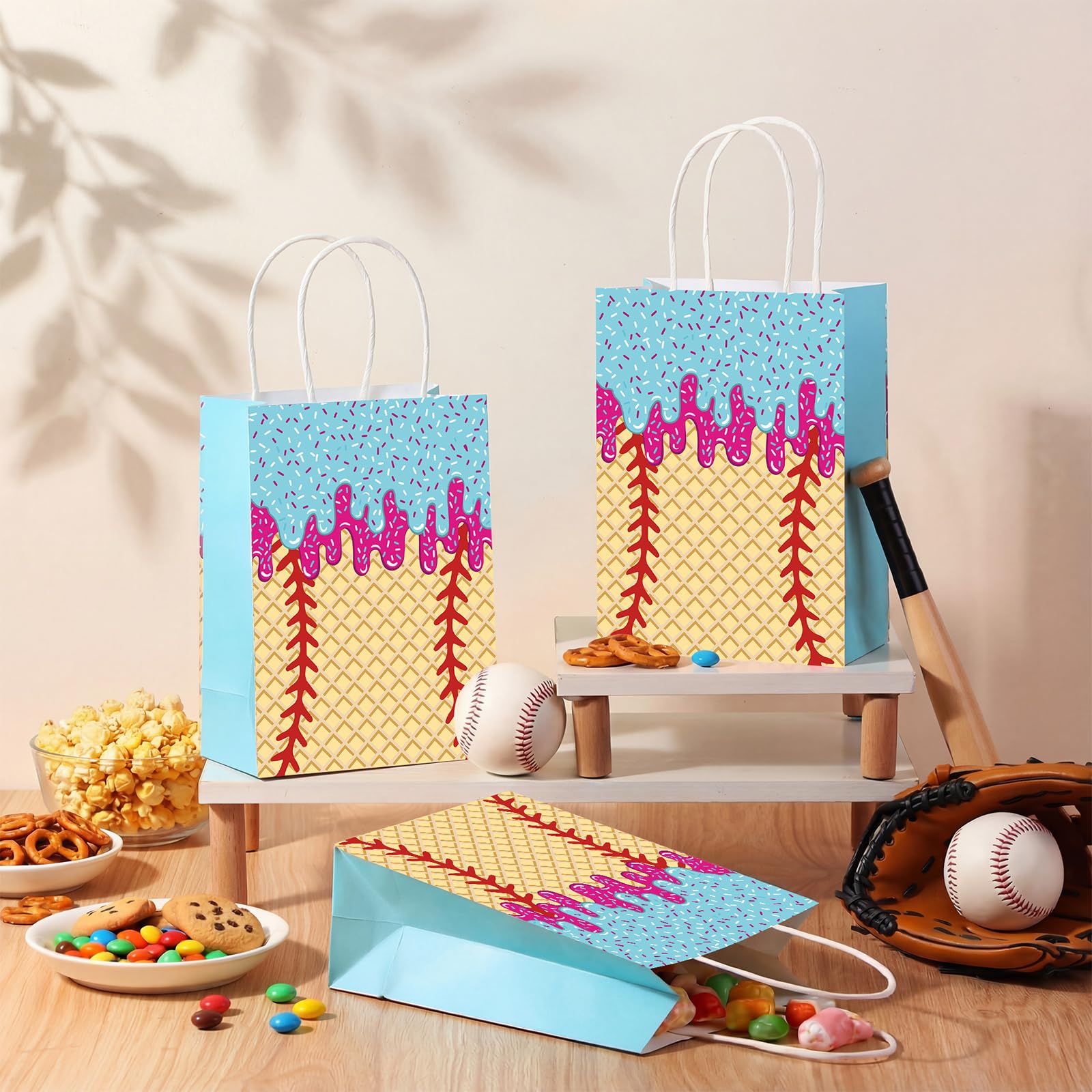 YooNotee 24 sacchetti regalo con manici per gelato a forma di baseball, con manici, per feste sportive, in carta kraft, per gelato, snack, dolcetti, regali sportivi (misti)