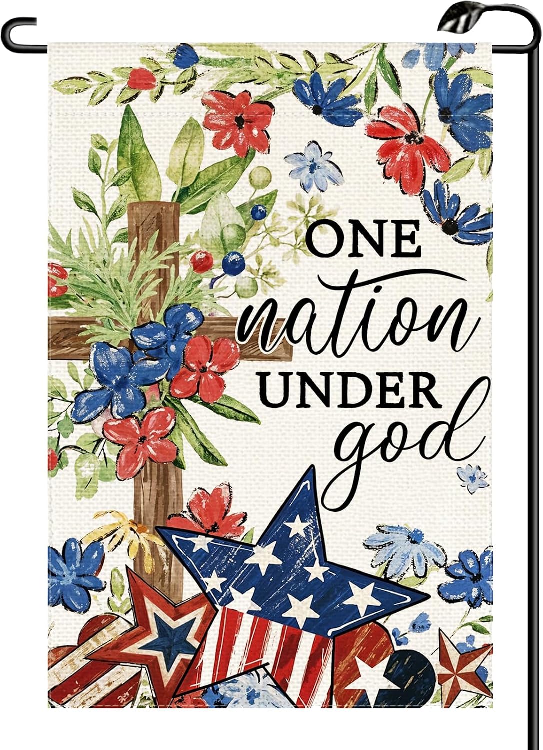 Memorial Day 4th of July One Nation Under God Garden Flag 12x18 Inch Vertical Double Sided Flowers Cross Patriotic Small Flags Farmhouse Outside Decoration For Yard (ONLY FLAG) MG10