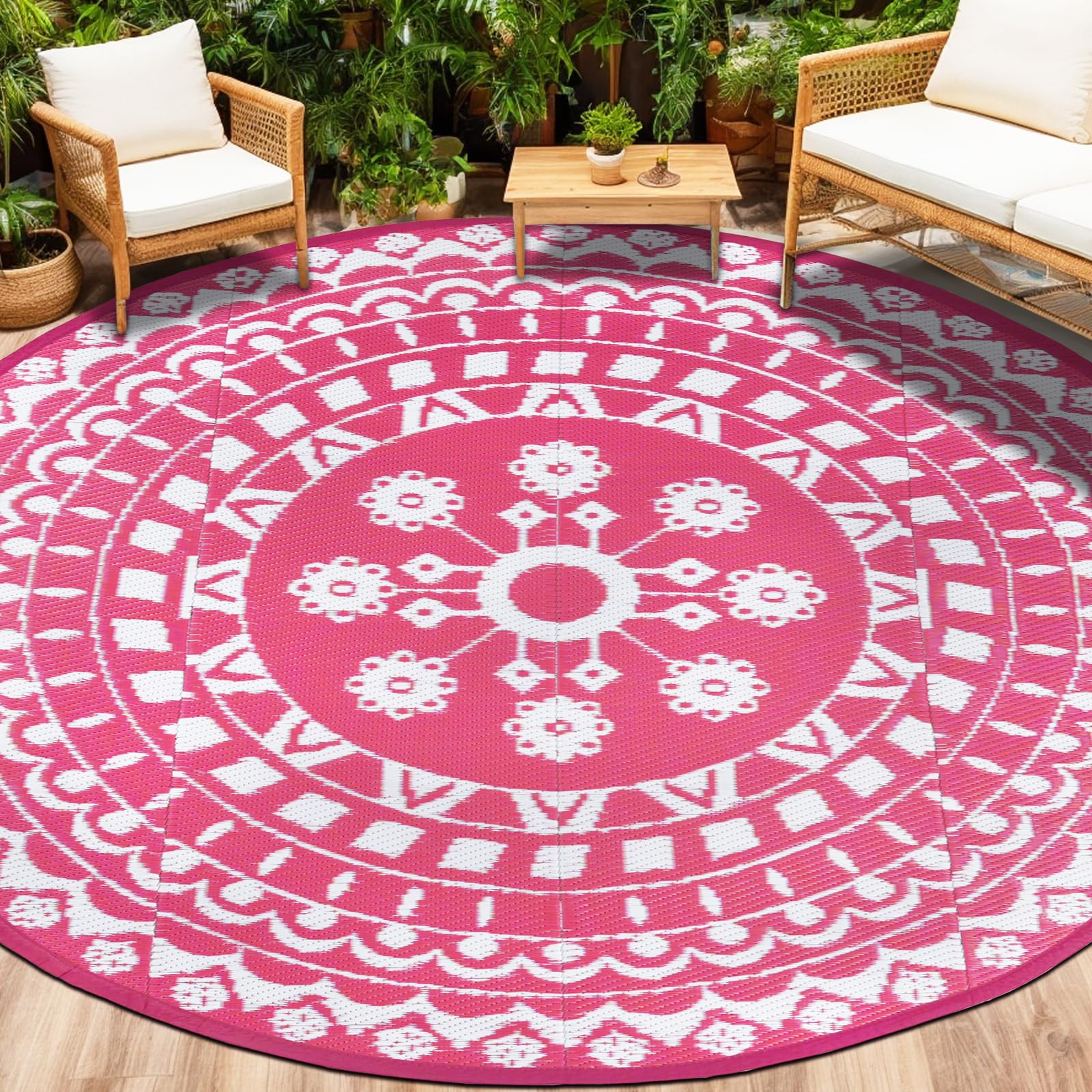 Capslpad Round Outdoor Garden Rugs ø240cm Waterproof Mat Reversible Plastic Straw Rug Boho Round Indoor Outdoor Area Rug Carpet for Garden RV Camping Balcony Backyard Deck Picnic Beach, Pink