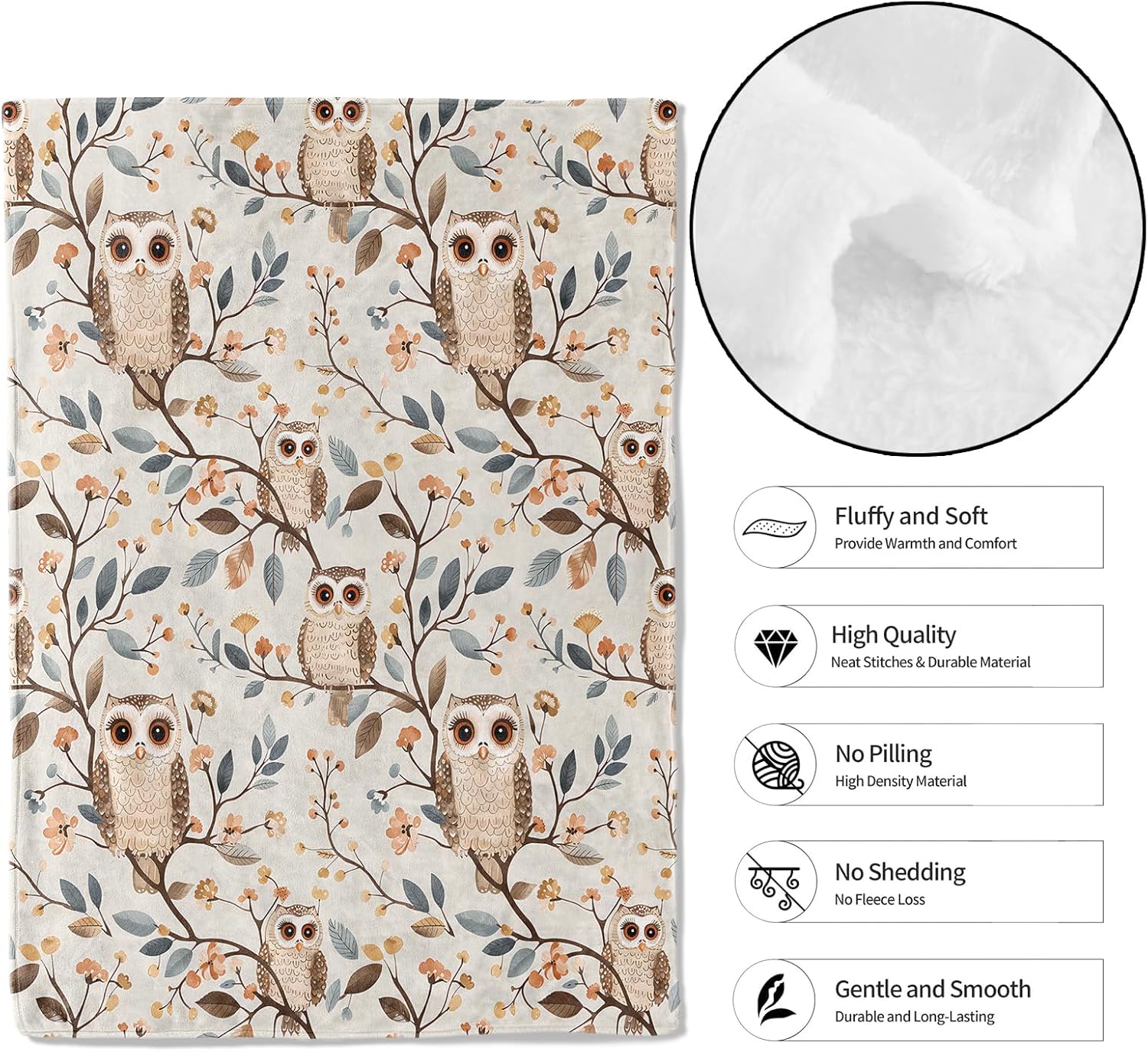 Cute Owl Throw Blanket,50x60in,Soft,Lightweight Flannel,Adorable Cartoon Bird and Branch Blankets - Gifts for Adult & Animal Lovers,for Couch Office Travel,Home Living Room Decor