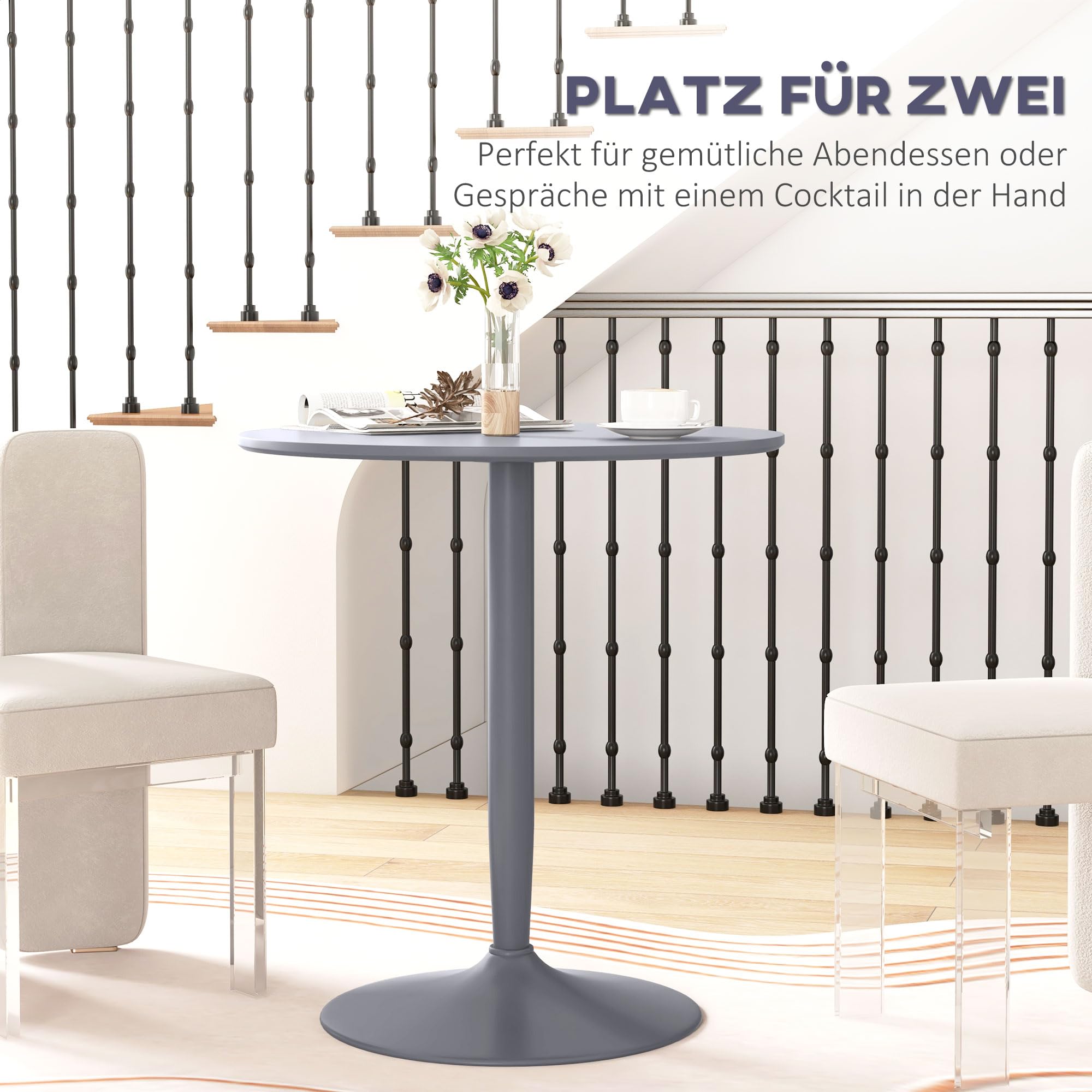 HOMCOM Esstisch 70 x 70 cm rund Küchentisch für 2 Personen Esszimmertisch mit Stahlbein, Rutschfester Fußauflage Säulentisch moderner Kaffeetisch für Küche, Esszimmer und Wohnzimmer Grau