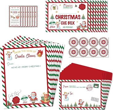 RINOLY 8Sets Letter from Santa Kit,Christmas Official Letters and Certificate from Santa Claus,Include Writing Letter/Nice List Certificate/Envelopes/Tags/Stickers for Kids Red