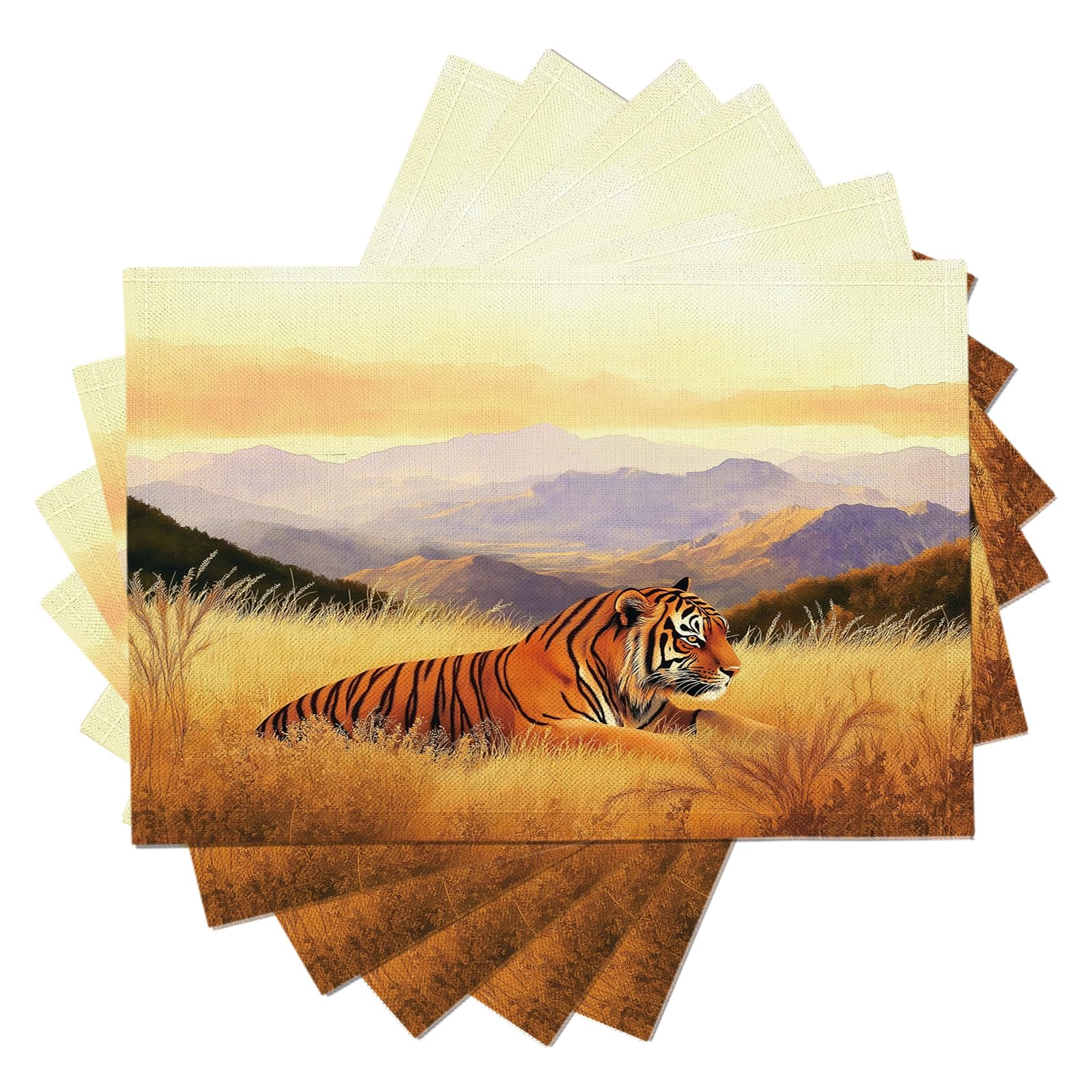 Set de table animaux rétro en coton lin tigre des prairies lot de 6 pièces 45x30 cm