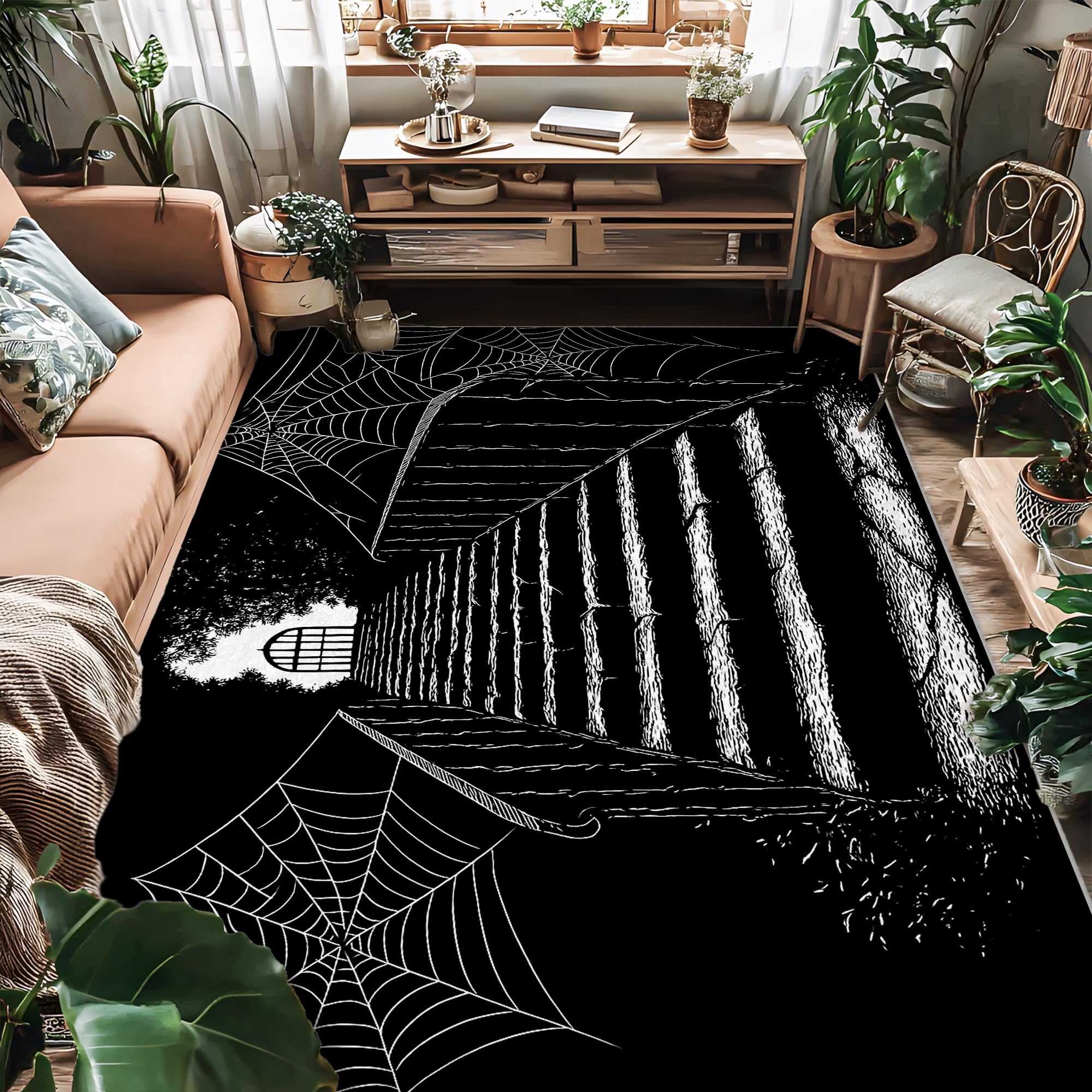 Tappeto a ragnatela di Halloween, stile gotico, scale, cancello, Halloween, nero, a pelo basso, per casa, interni, non perde pelo, per soggiorno, camera da letto, sotto il tavolo, decorazione da