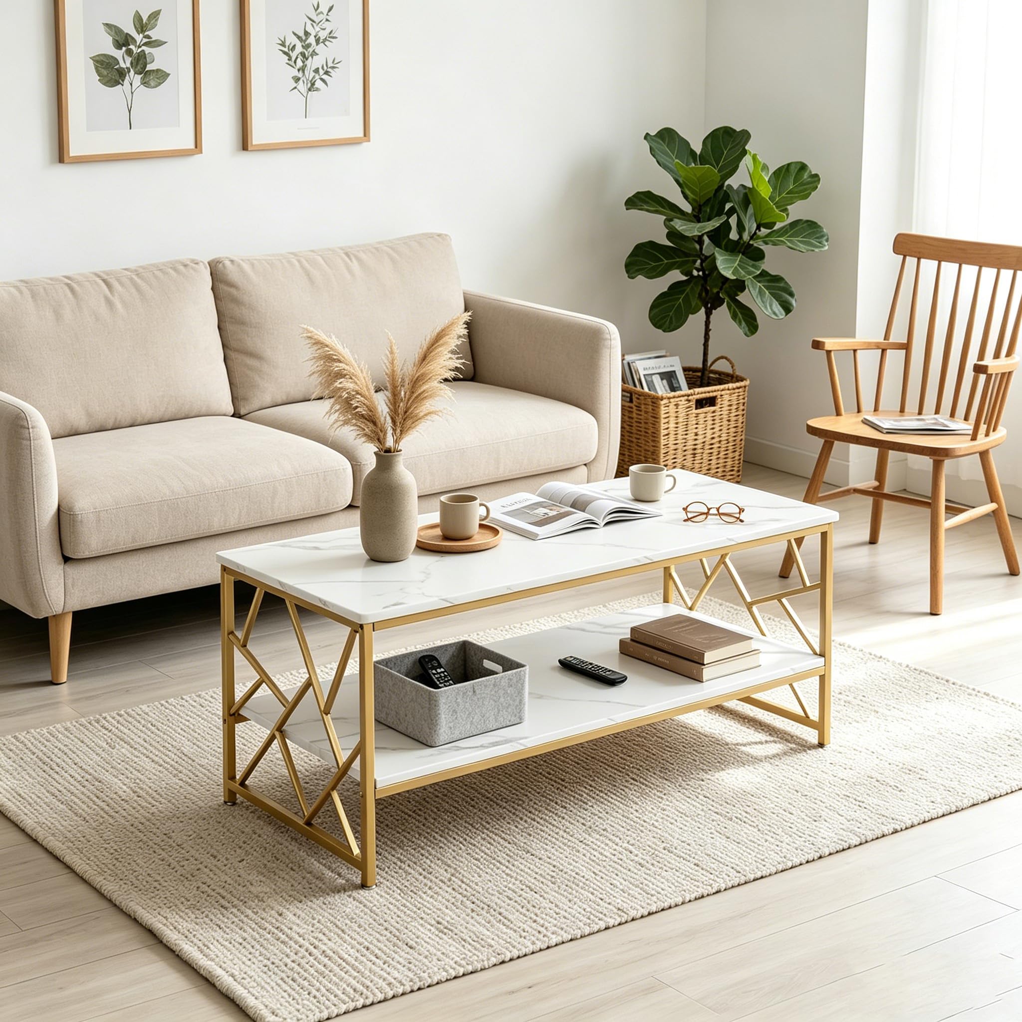 Mesa de Centro Almacenamiento Mesa Café Blanca Salón, Mesa Centro Pequeña Ahorro de Espacio, Doble Estante Auxiliar Sofá Mesa de Té Moderna, Madera Ajustable, 110x50x45cm