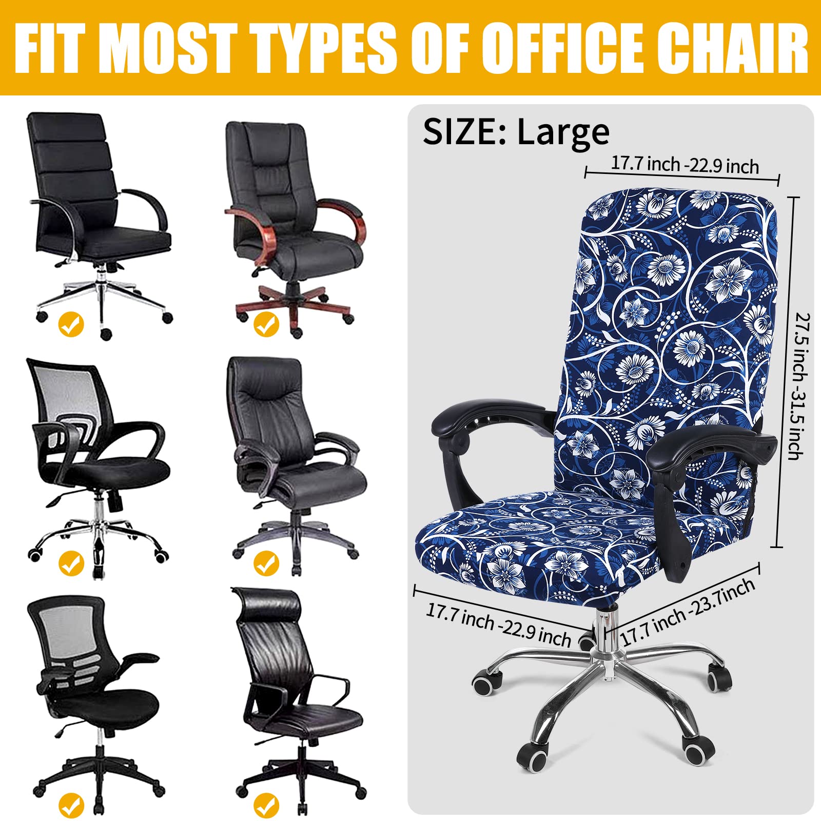Funda protectora para silla de oficina, cubierta estampada y elástica para silla, removible, lavable, resistente al polvo con cremallera, ajuste universal (grande, floral azul marino) 5