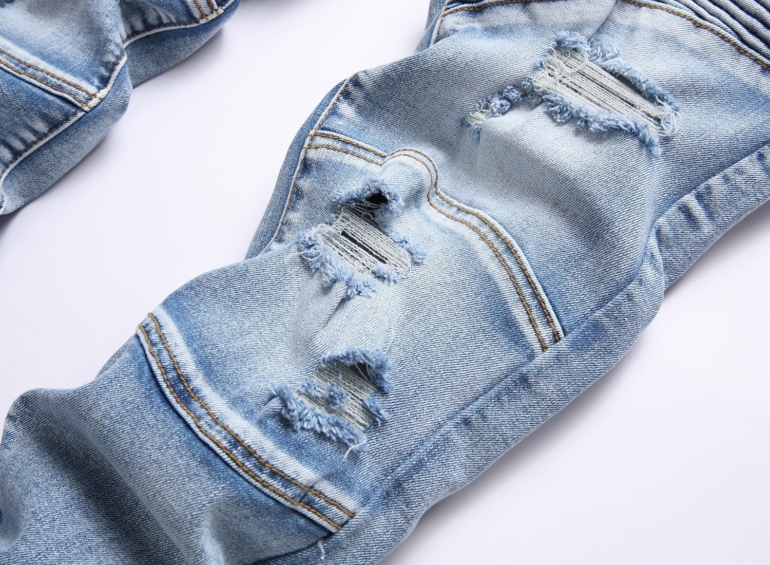 XIMXIMMTIAN Men's Biker Moto Washed Distressed Slim Fit Straight Jeans Denim - Image 4