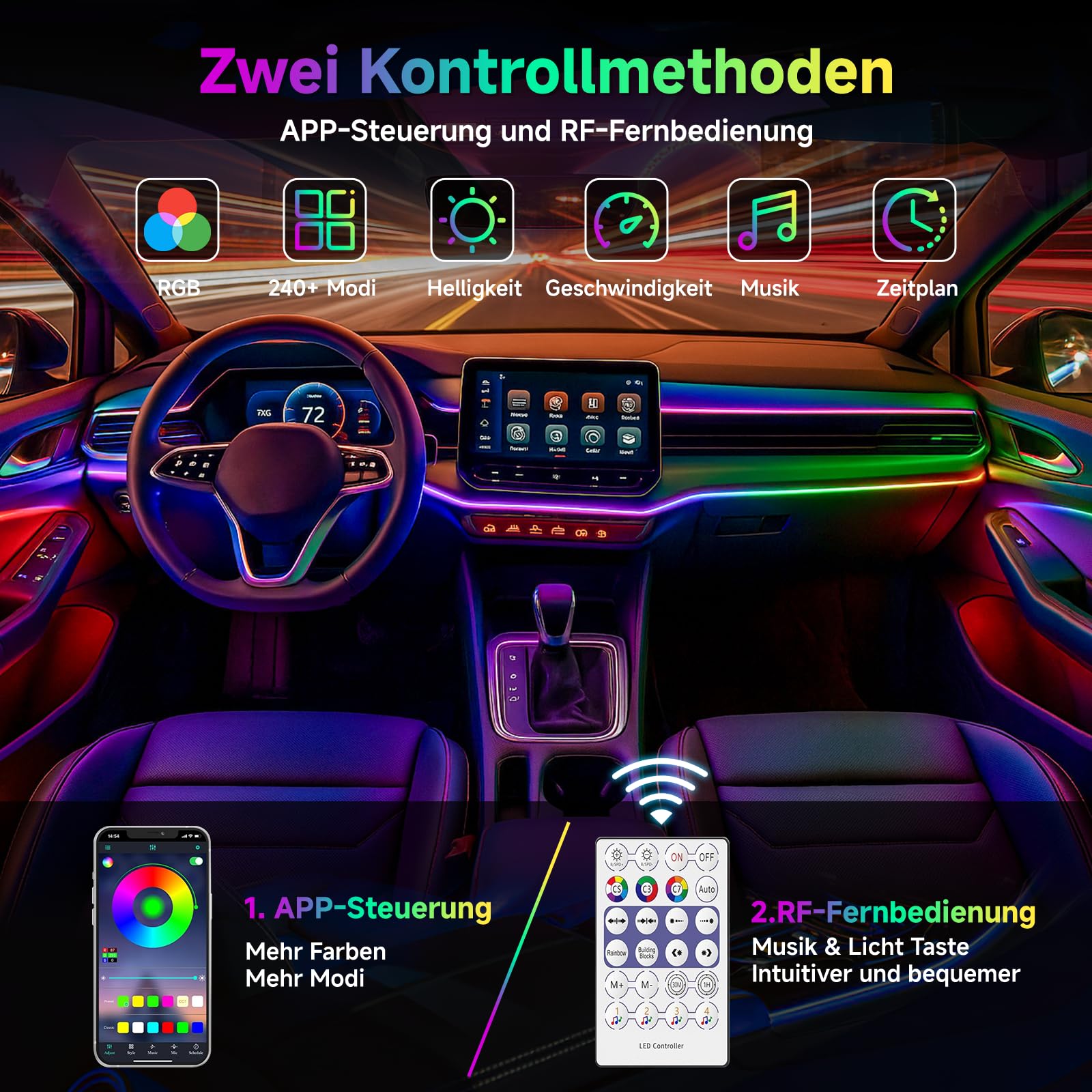 Acryl 6 IN 1 Auto Ambientebeleuchtung, RGB LED Auto Innenbeleuchtung Strip Lights 445cm 584 LEDs Innenbeleuchtung Streifen mit 16 Millionen Farben, 240＋Dynamische, App+Fernbedie