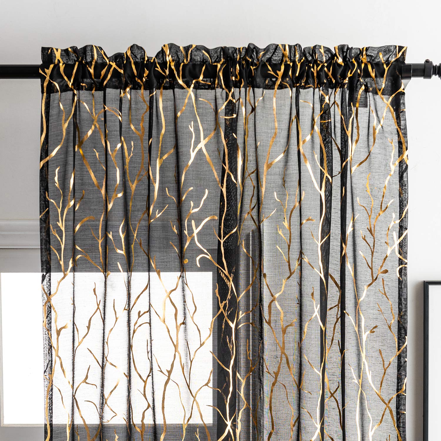 Buy FINECITY Black Gold Sheer Curtains for Bedroom Metallic Gold Foil