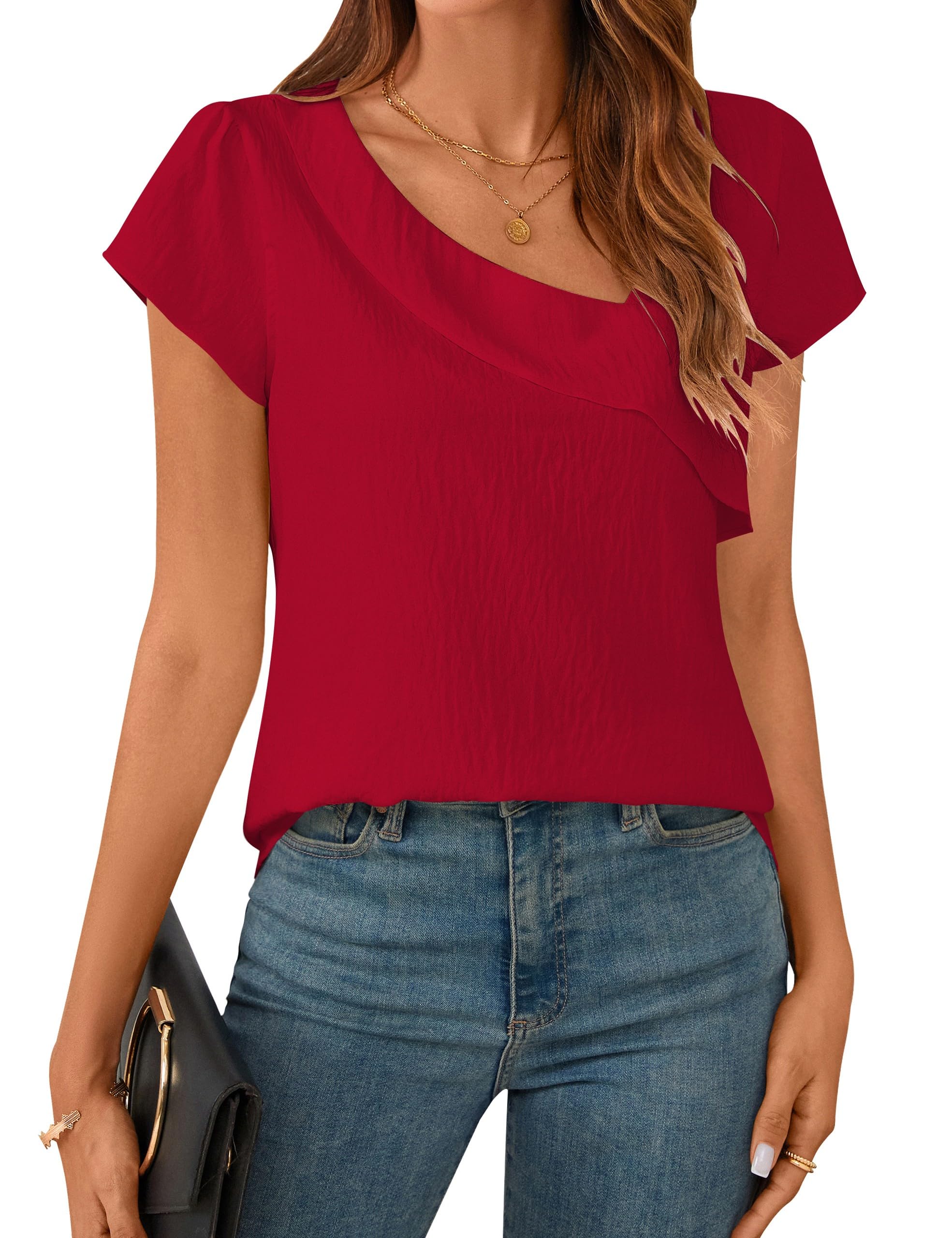 BMJL Womens Dressy Casual Blouses Asymmetrical V Neck Business Work Tops Ruffle Sleeve Summer Shirts