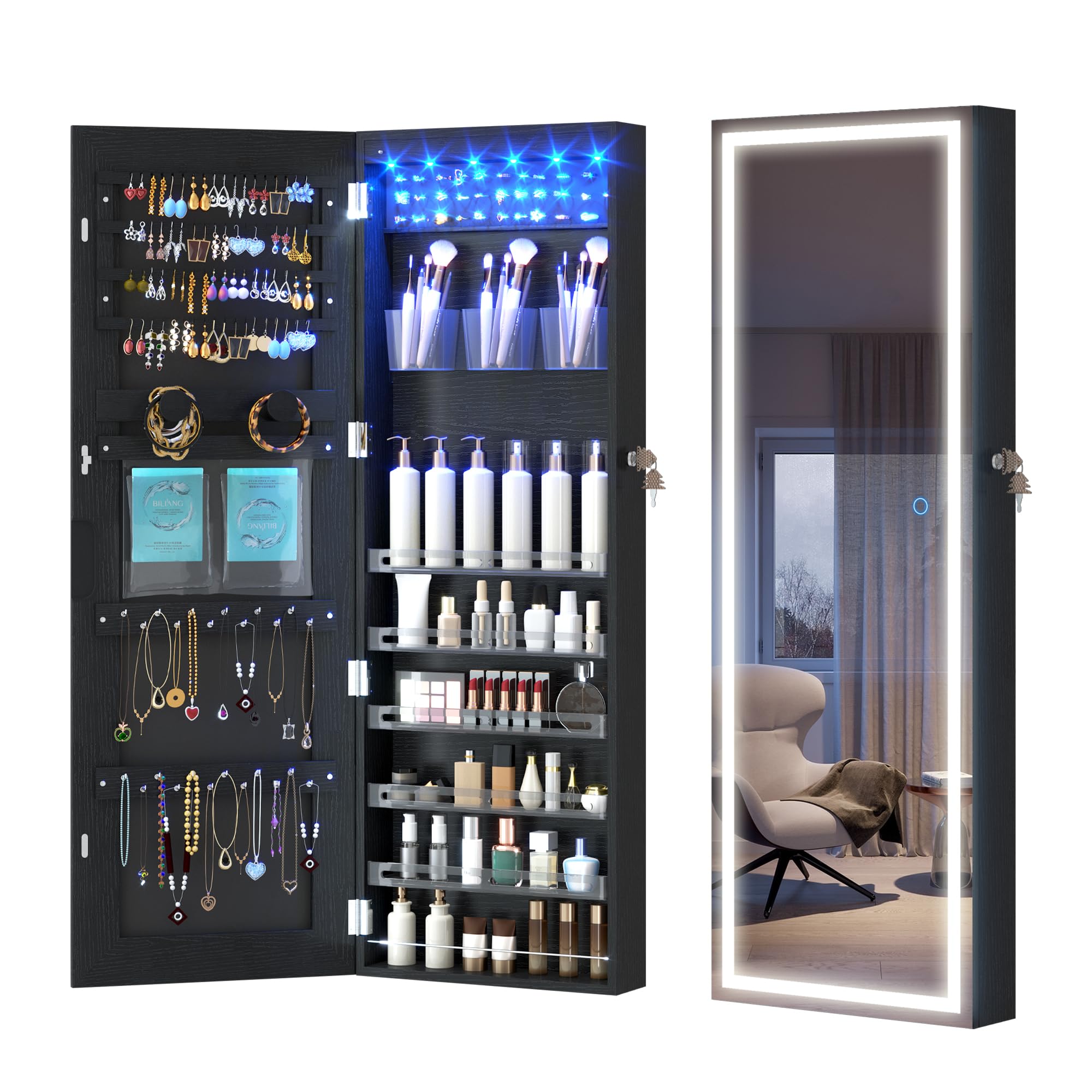 LVSOMT LED Mirror Jewelry Cabinet Wall Door Mount Jewelry Armoire Organizer with Lights Full Length Mirror with Jewelry