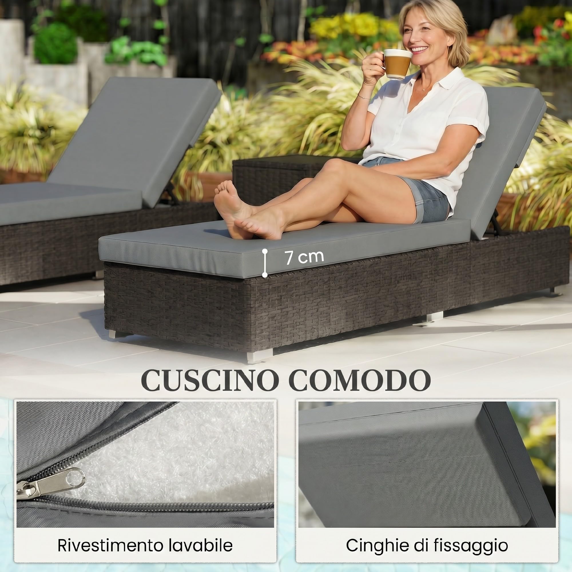 Outsunny Set di 2 Lettini Prendisole da Giardino in Rattan Grigio Scuro
