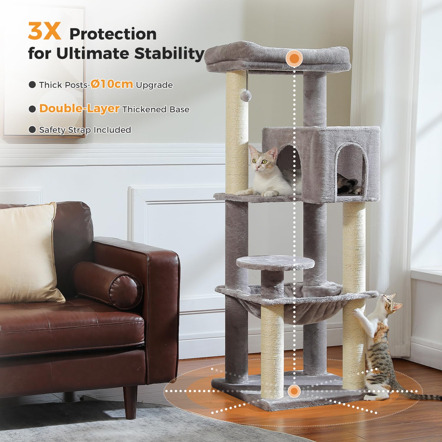 PAWZ Road Albero per gatti grande da 147 cm, con tiragraffi ispessiti (φ3,7 pollici) per gatti adulti di grandi dimensioni, 13,6 kg, centro attività multi-livello con struttura in metallo, amaca e