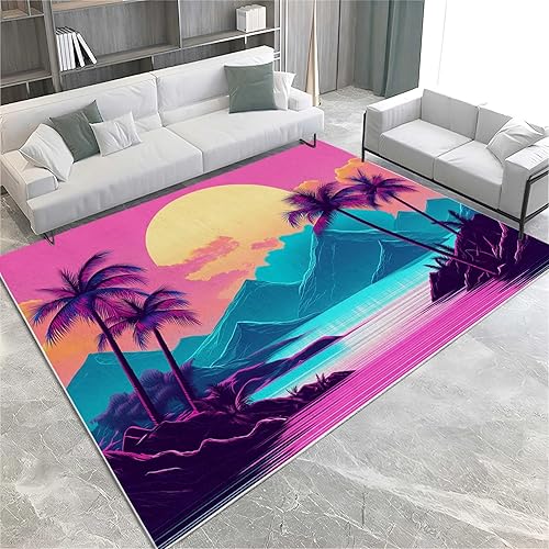 Alfombras de estilo palmeras Sun Synthwave para sala de estar, alfombra lavable morada, alfombra suave y esponjosa, antideslizante, decoración para