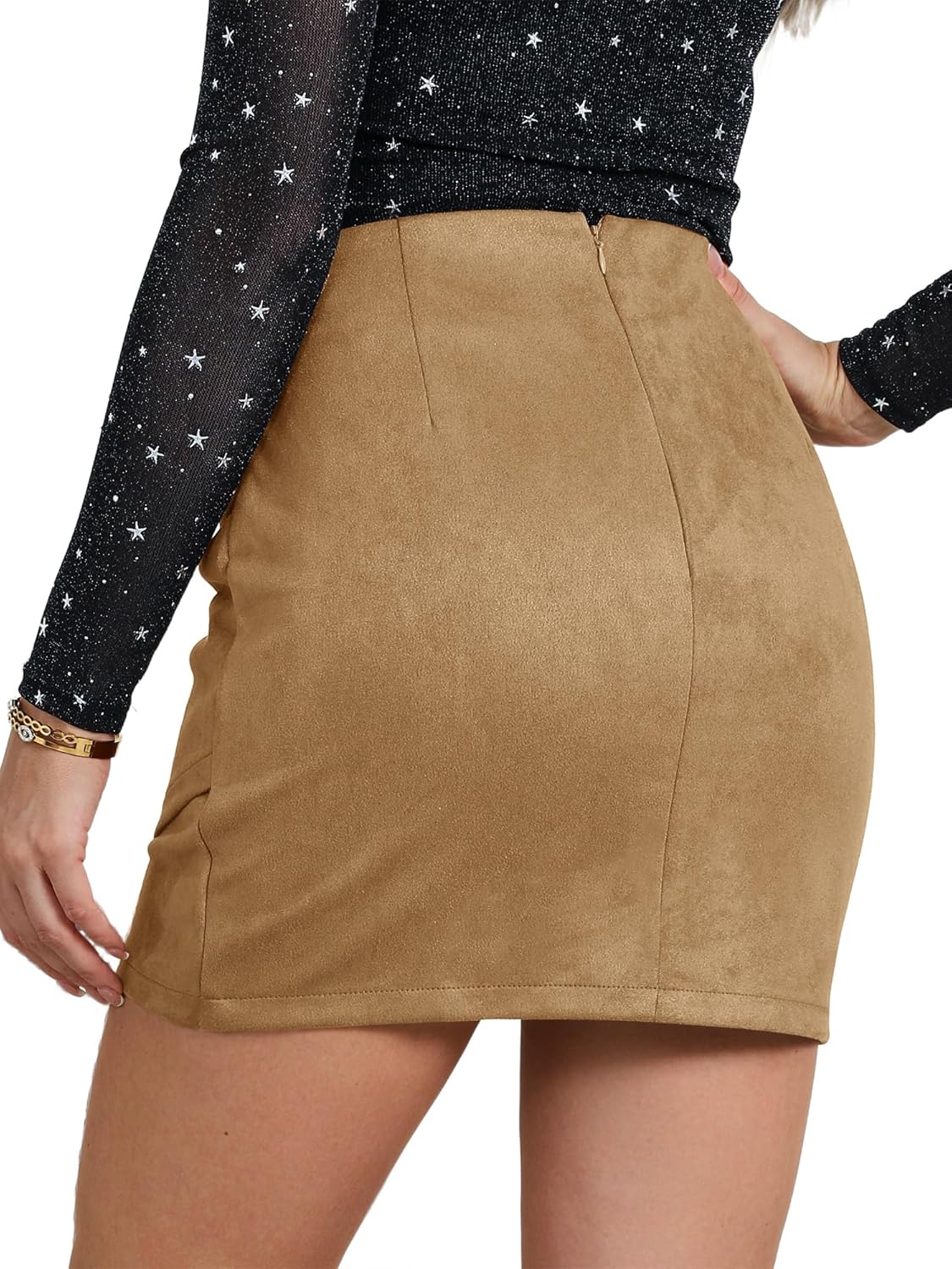 Ezcosplay Women High Waisted Faux Suede Ruched Wrap Mini Skirt Asymmetrical Tulip Hem Bodycon Short Skirts - Image 4