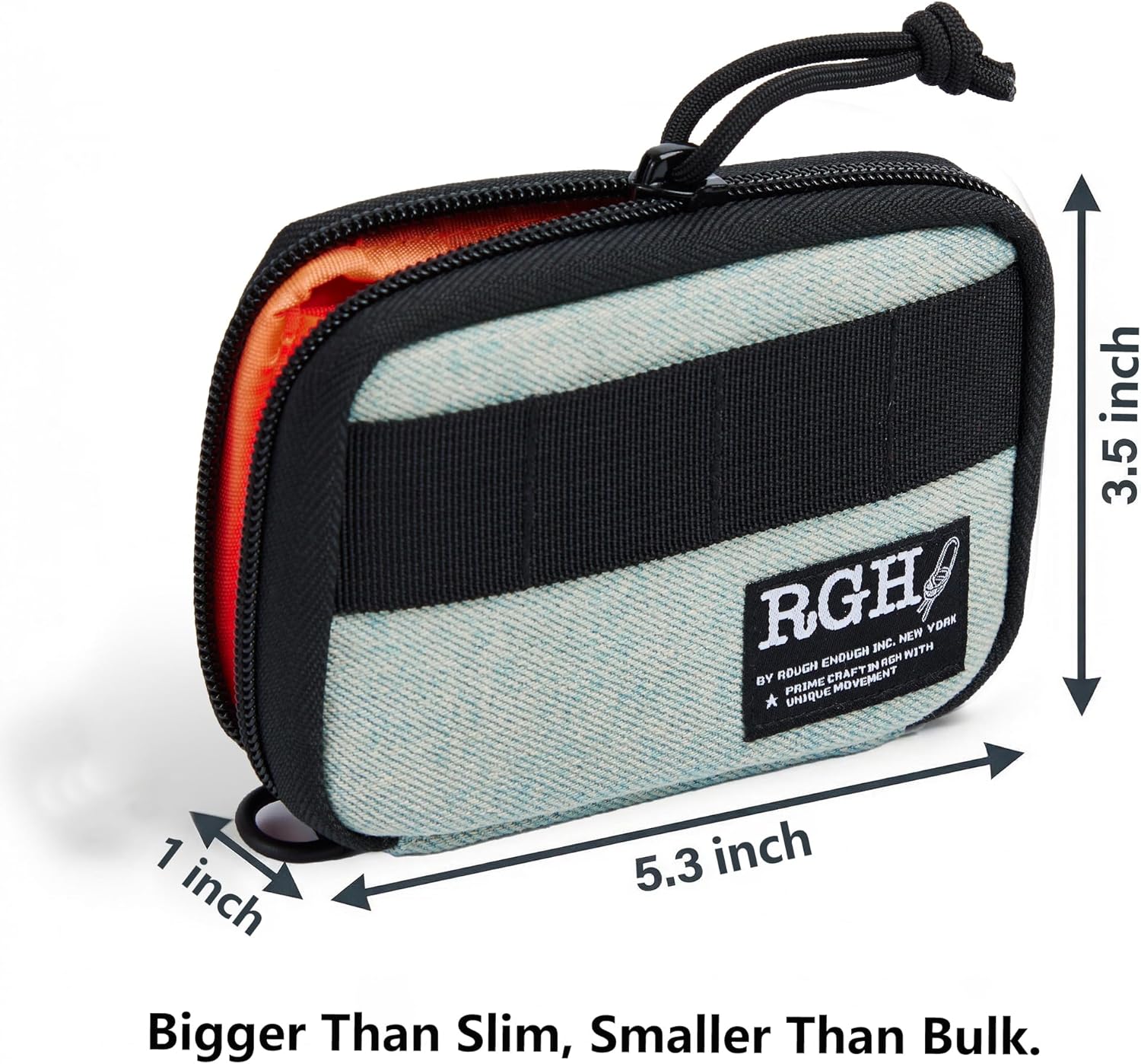 Rough Enough RFID Blocking Canvas Wallet Accordion Credit Card Holder Zip Pouch, YKK Zipper, 6 Card Slots, Neck Lanyard Carabiner and Keychain for Teens and Adults, Denim Blue