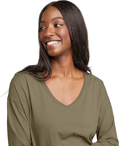 Miniatura 4 de Hanes Camiseta de manga larga con cuello en V para mujer, camisetas de algodón para mujer, con borde sin rematar, cuello en V