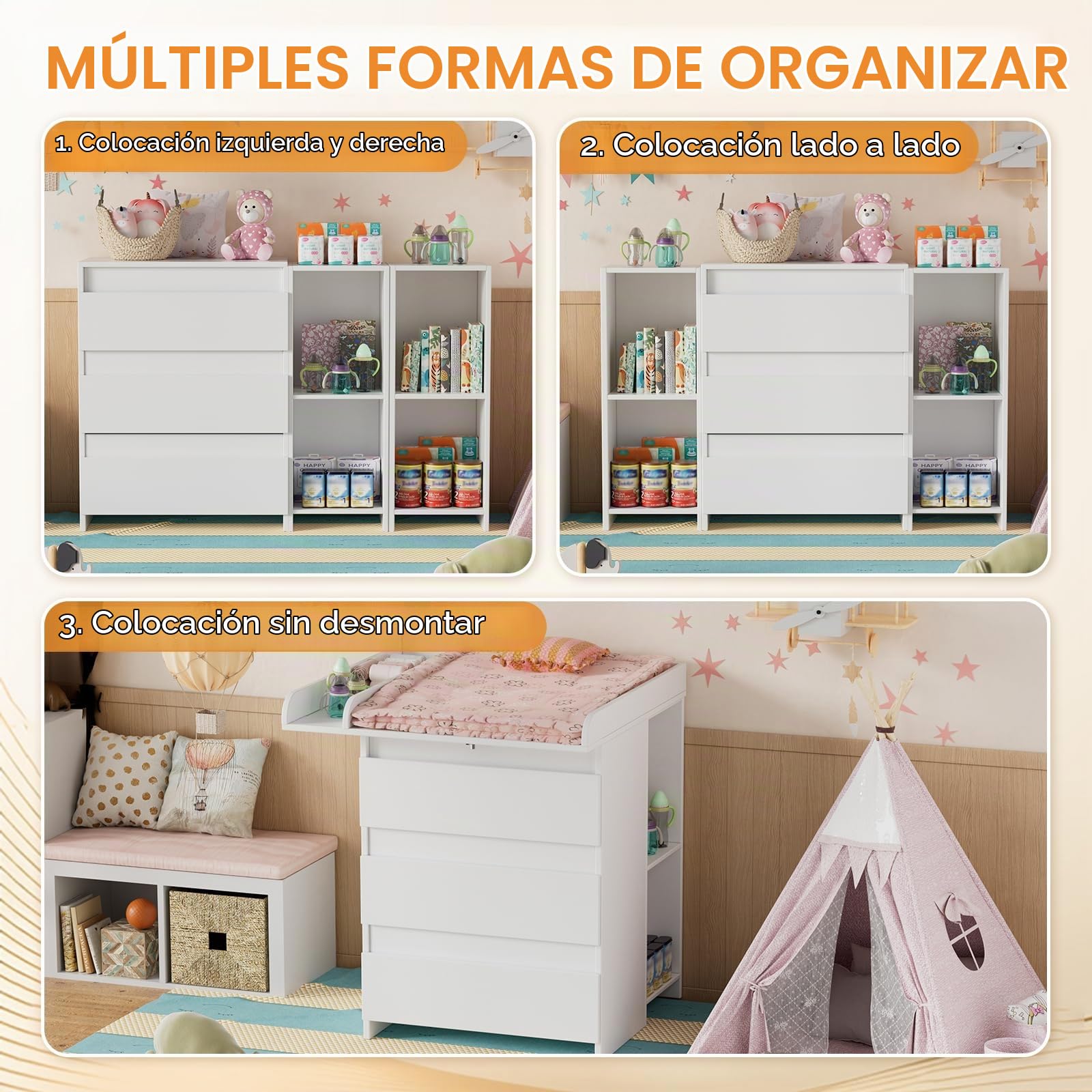 2 en 1 Cambiador Bebe Mueble, Cómoda con Adaptador Cambiador Comoda, Cómoda Cambiador Bebe con 3 Cajones y 6 Compartimentos, Moderno 73x70x78 cm/ 113x32x70 cm- Blanco