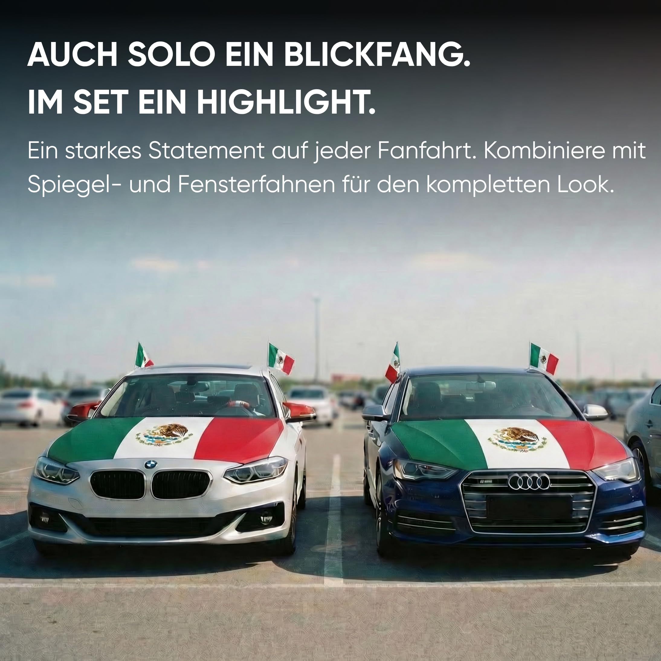 Auto Fahnen Mexiko Komplett Set - Motorhaubenfahne, 2 Autofahnen Fenster & 2 Außenspiegelfahnen, Fußball Fanartikel FZG für EM & WM, Mexikanische Flagge Fahrzeug Deko