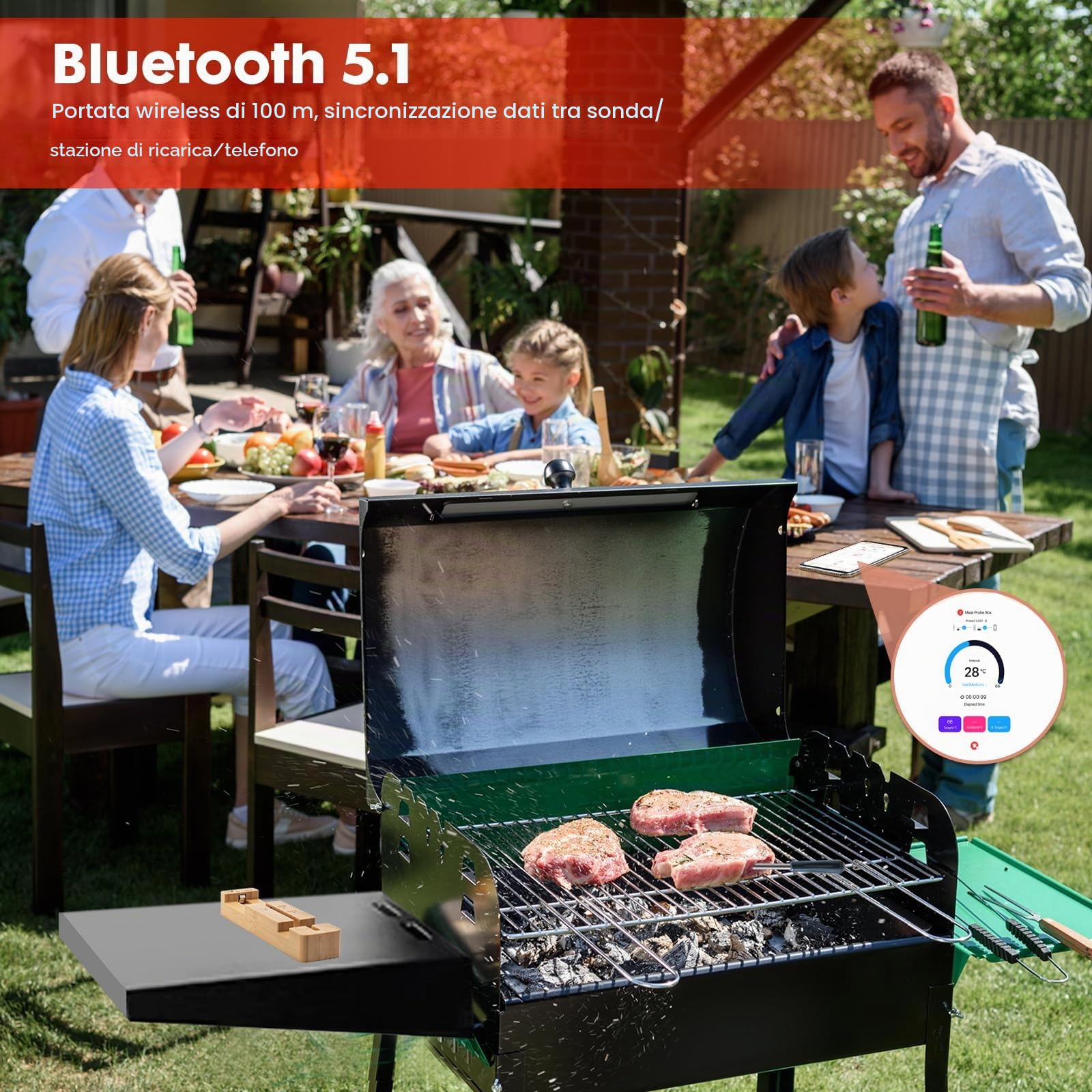 Termometro Cucina Wireless BBQ 100m Bluetooth Smart Termometro Carne Barbecue Intelligente Bluetooth PUò Essere Usato per Sonda Alimenti, Forno, Barbecue, Bistecca, App Compatibile con Ios/Android