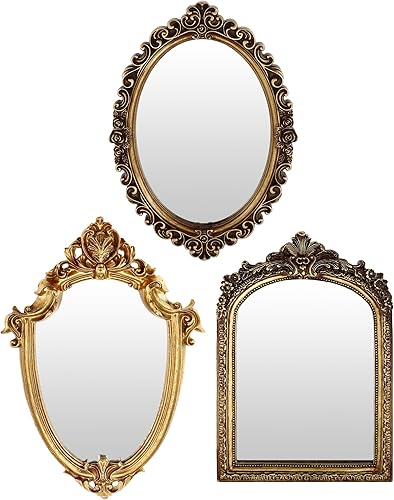 Juego de espejos dorados vintage de 3 estilos, espejos vintage para pared, espejo dorado antiguo con soporte para sala de estar, dormitorio,