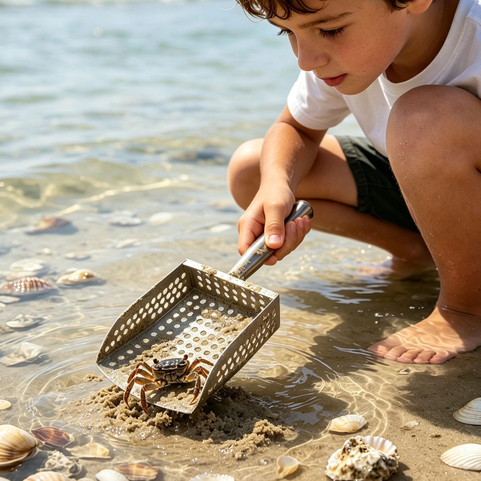 Râteau à sable, pelle à sable pour détection de métaux, tamis de plage en acier inoxydable robuste avec poignée, râteau et tamis pour la chasse au trésor et le peignage de plage (2)