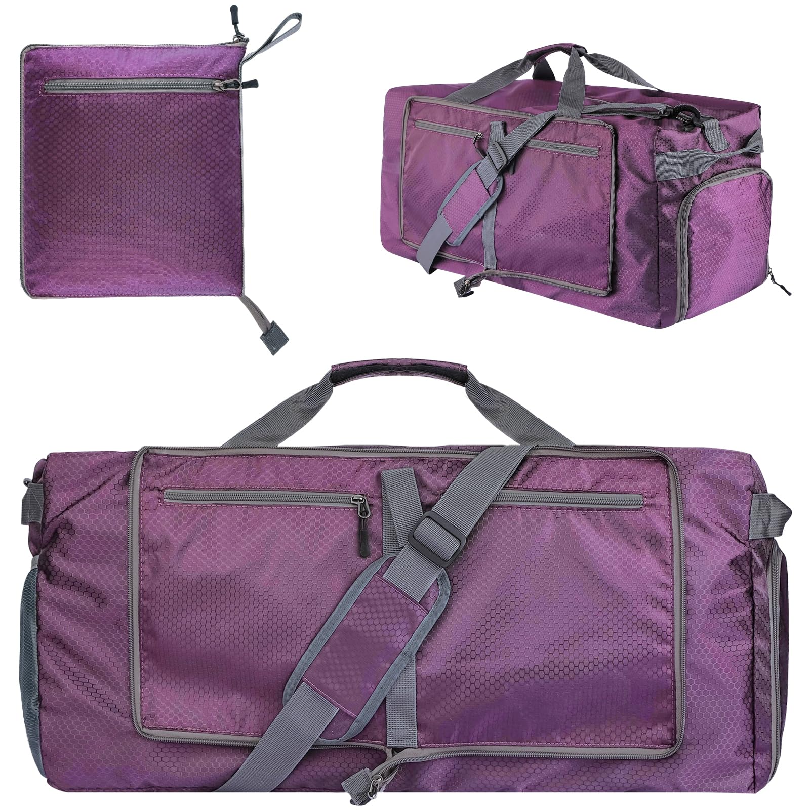 60L Foldable Duffle Bag Large Capacity Travel Weekender Bag with Shoes Compartment Lightweight & Water-Resistant Gym Beach Swimming Bags Pool Sports Gym(Purple)