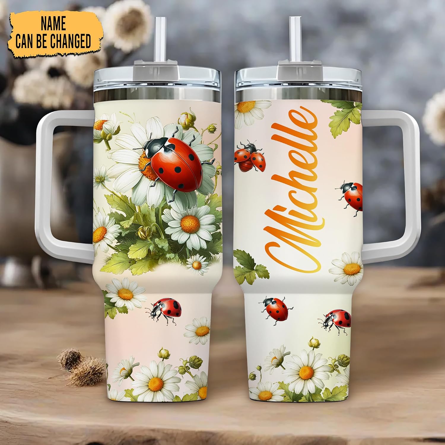 Hyturtle Personalized Daisy Ladybug Tumbler - Ladybug Gifts For Girls Women - Insect Animal Gifts For Lovers - Animal Present On Birthday - Custom Name Travel Coffee Cup 40 Oz With Lid And Straw