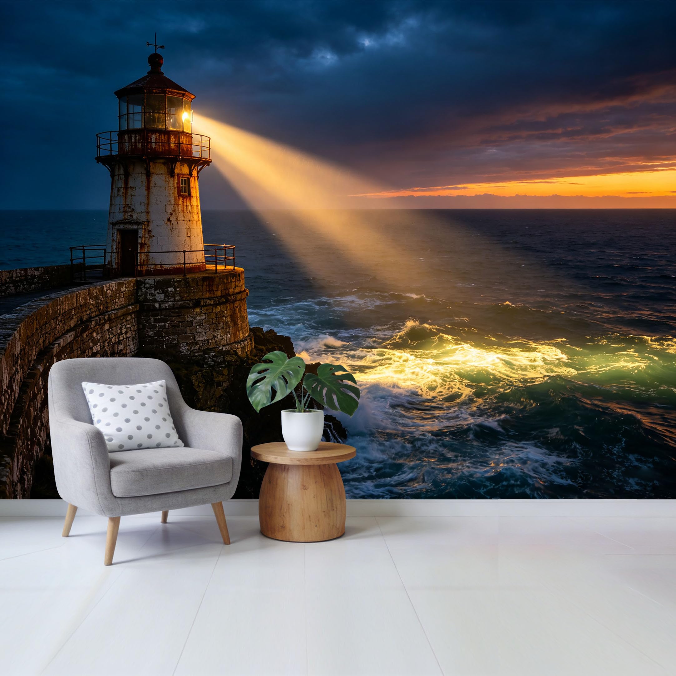 Qzlithotic Yq2605250262 Custom Size Wall Mural Coastal Lighthouse Ocean Waves Sunset Scenery 3D Perspective Selfadhesive Wall Fabric Removable Wallpaper For Home Office Decor