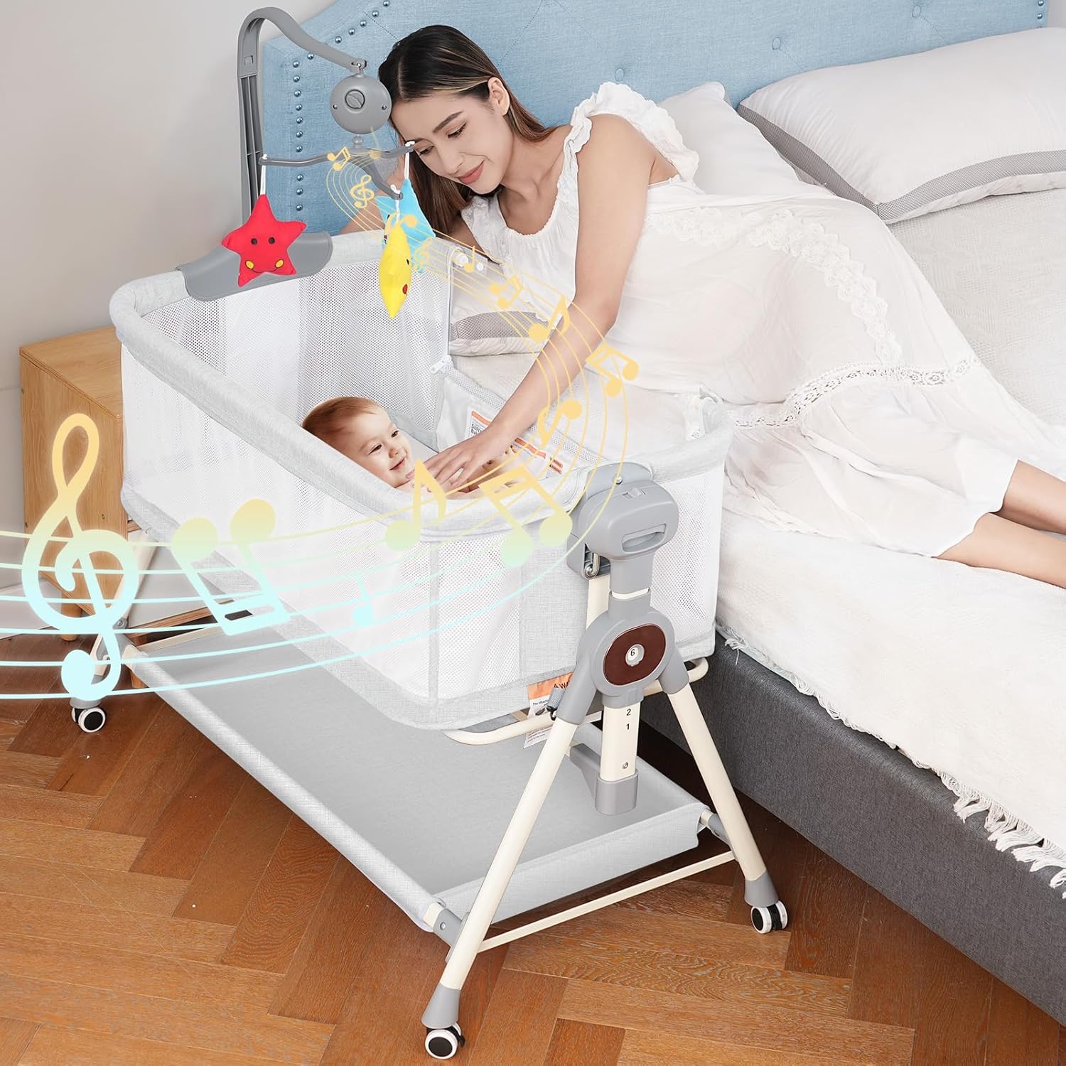 Rocking Baby Bassinet, Bedside Bassinet for Baby, 3 in 1 Bedside Sleeper with Musical Toys, Storage Basket and Wheels, Adjustable Bedside Crib for Newborn, White