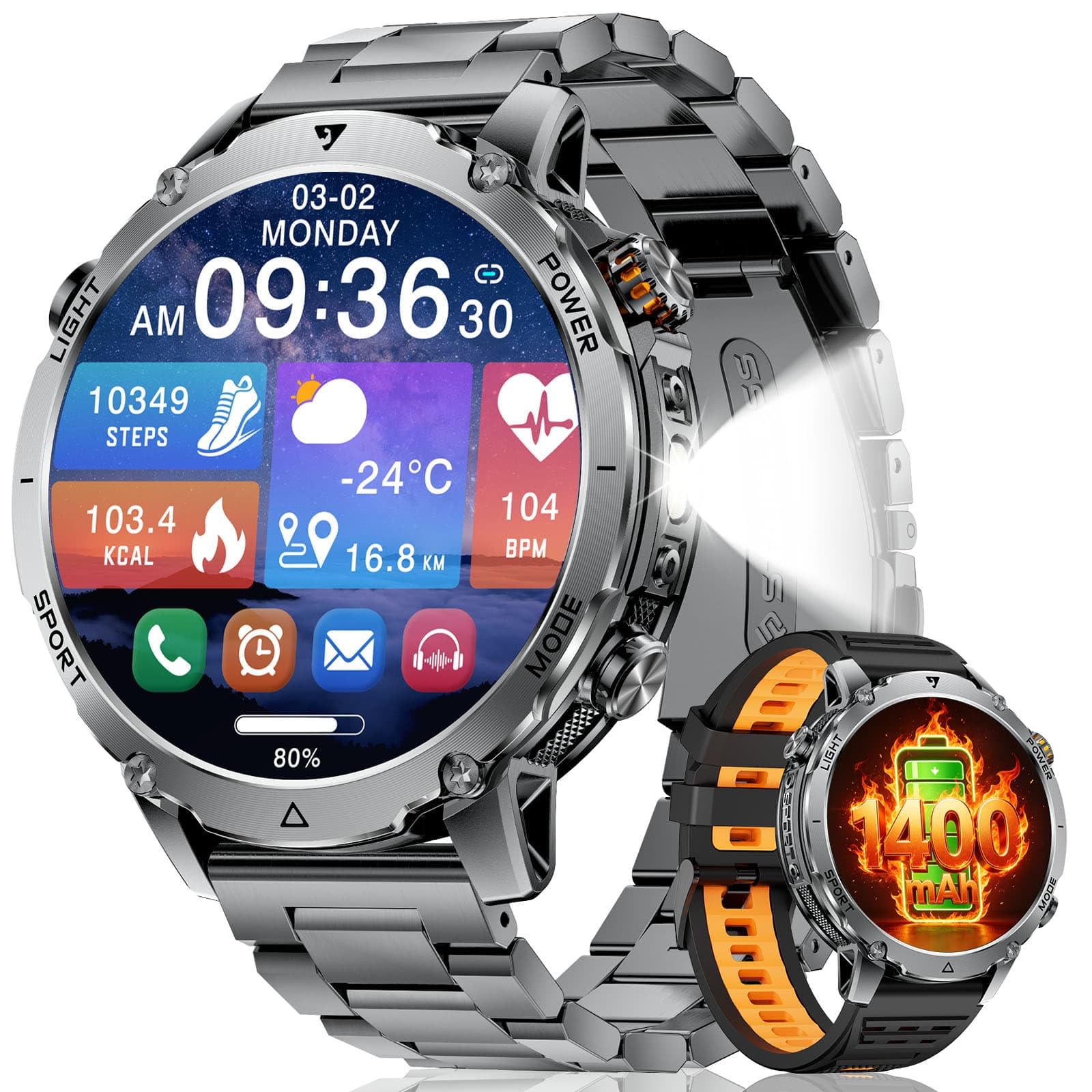 Montre Connectée Homme 1,7" Écran HD,Batterie 1400mAh, Lampe Torche LED,Appel Bluetooth,120+ Modes Sport,5ATM Étanche Smartwatch,Montre Intelligente Android/iOS, 2 Bracelets, Noir
