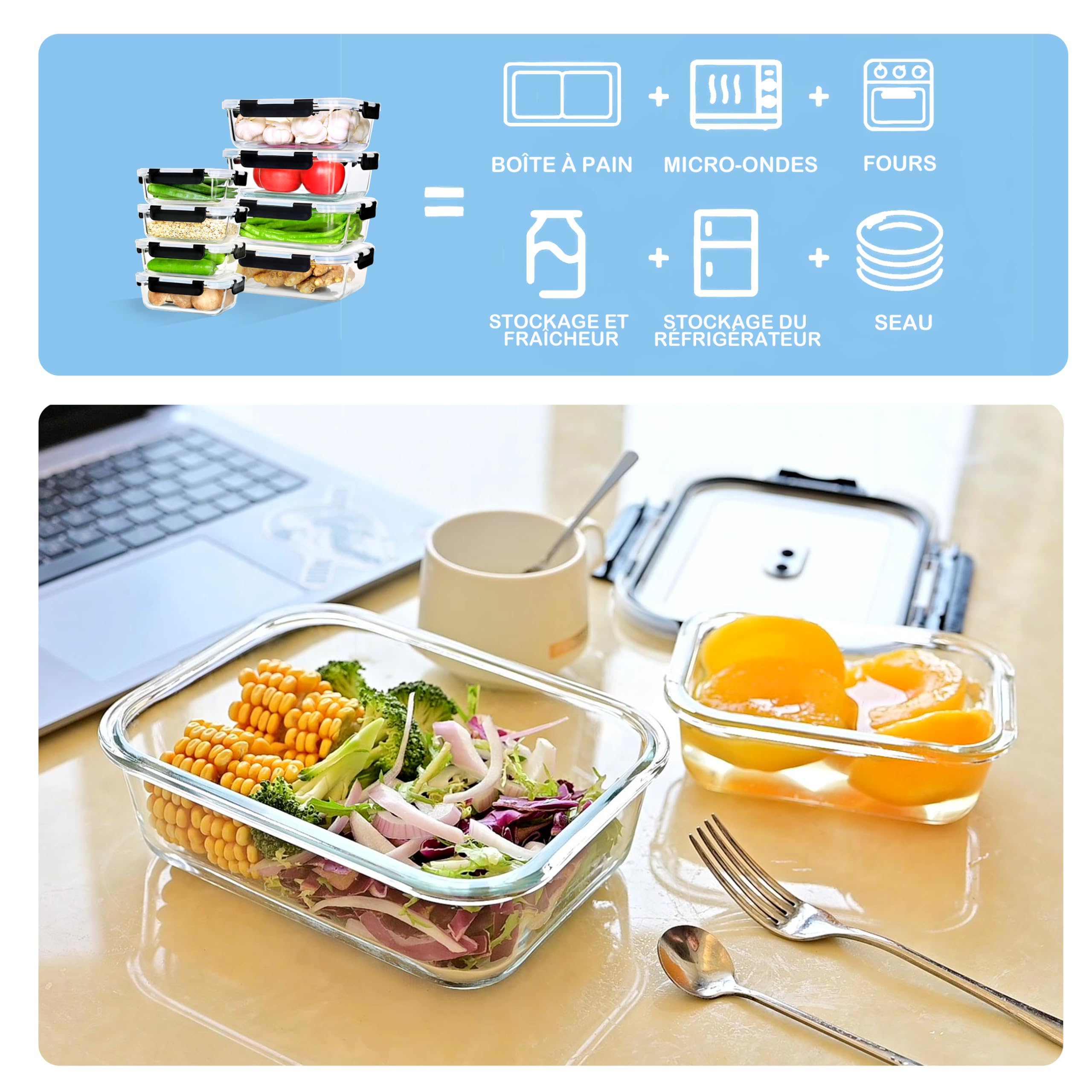 ERUIV Boite Conservation Alimentaire Rectangles, 4 pièce 1520ml Set Contenitori per alimenti, Plat En Verre Avec Couvercle hermétiques, boite de conservation alimentaire en verre empilables, Sans BPA