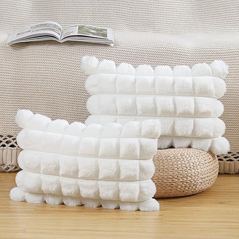 Madizz Juego de 2 A Cuadros Fundas de Cojines de Lana Sintética de Cómoda Fundas Moderno Cojín de Almohada Decorativa Suave para Almohada de Dormitorio de sofá Blanco Crema 30x50 cm