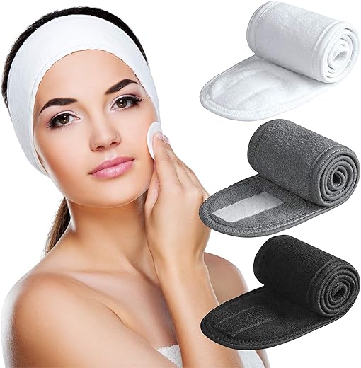 Denfany Spa Headband 3 Pack Ultra Soft Adjustable Face Wash Headband Terry Cloth Stretch Make Up Wrap for Face Washing, Shower, Facial Mask, Yoga (Black + White + Grey)