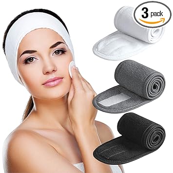 Facial Spa Headband 3 Counts Adjustable Makeup Hair Band with Magic Tape,Head Wrap for Face Care, Makeup and Sports (black+white+gray)