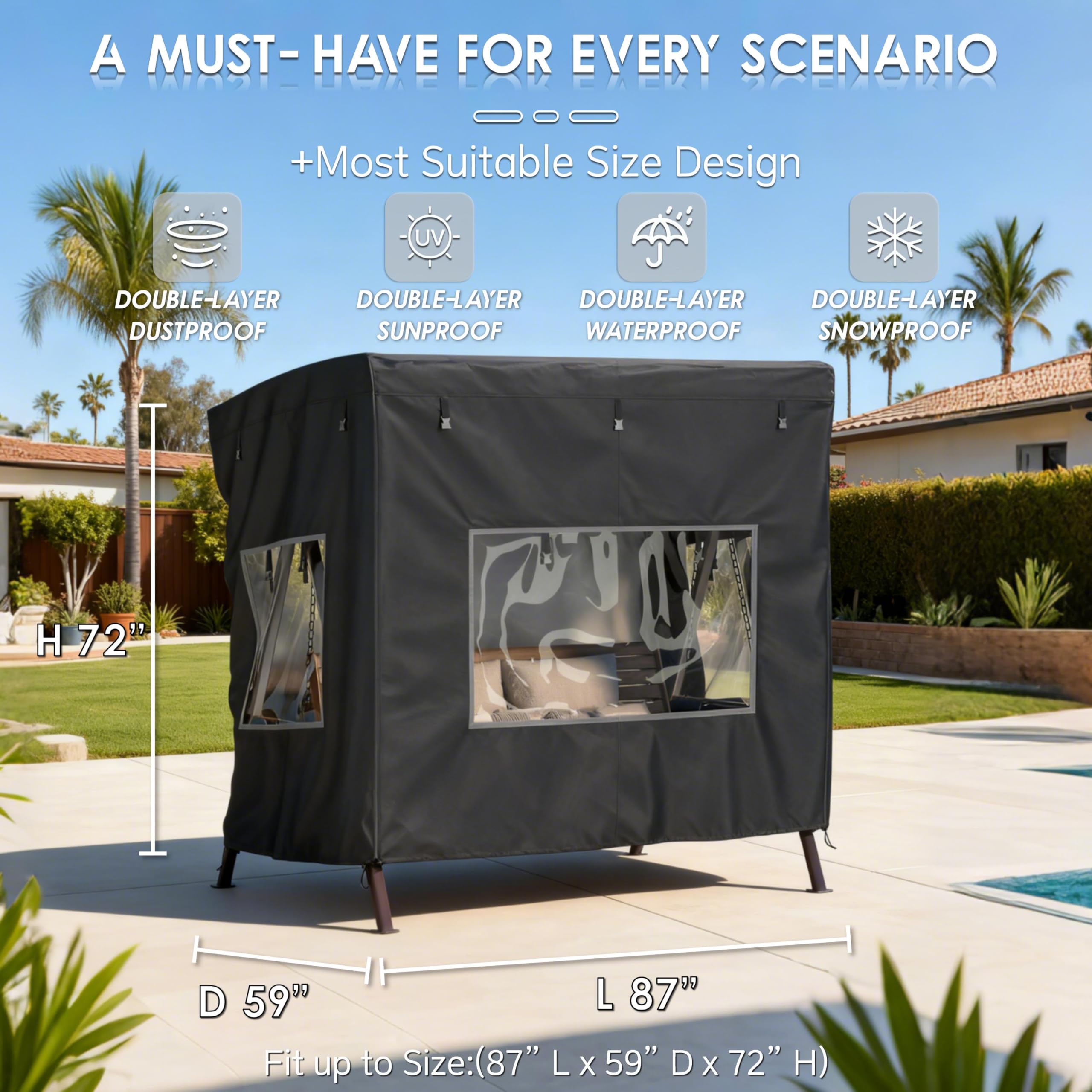 Funda para columpio al aire libre, (87 x 60 x 72 pulgadas), funda para hamaca de 3 plazas para exteriores, funda para silla de columpio, hamaca de jardín, con ventana de visualización