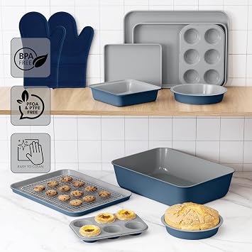 Country Kitchen ノンスティック積み重ね可能な耐熱皿セット - 丈夫で取り出しやすいベーキングセット、デニム、13個