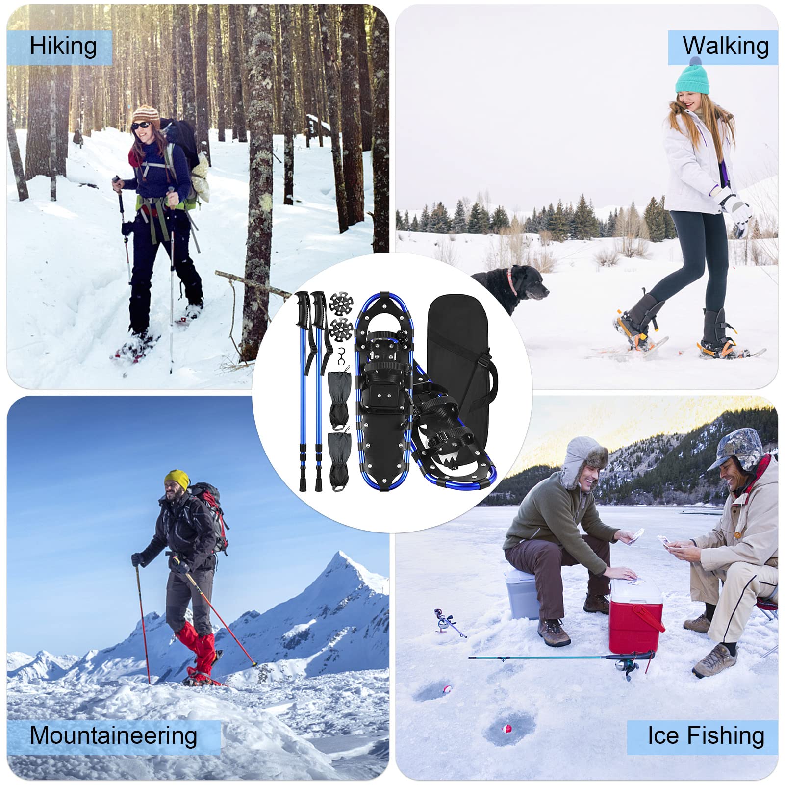 Lot de raquettes à neige en aluminium avec bâtons de trekking réglables, guêtres et sac de transport, 13 pouces/21 pouces/25 pouces/27 pouces/30 pouces pour adultes et enfants