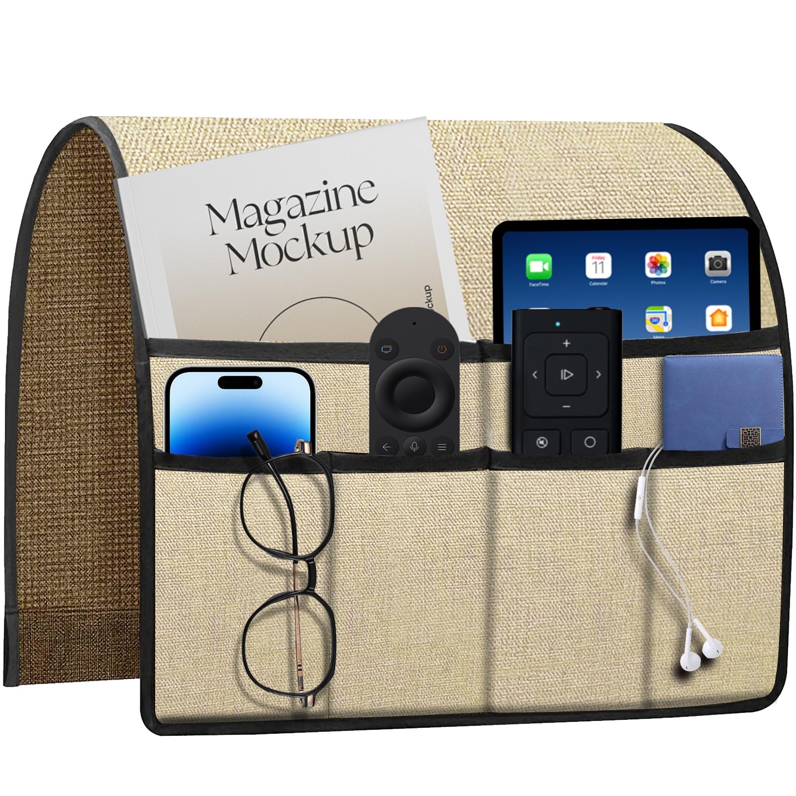 HAPLIFEZ Remote Holder for Recliner Armchair & Couch, Non Slip Sofa Armrest Organizer Caddy with 6 Pockets Thick Linen Fabric Storage for Tablet, Phone, iPad, Magazine, 19x35 Inches, Natural
