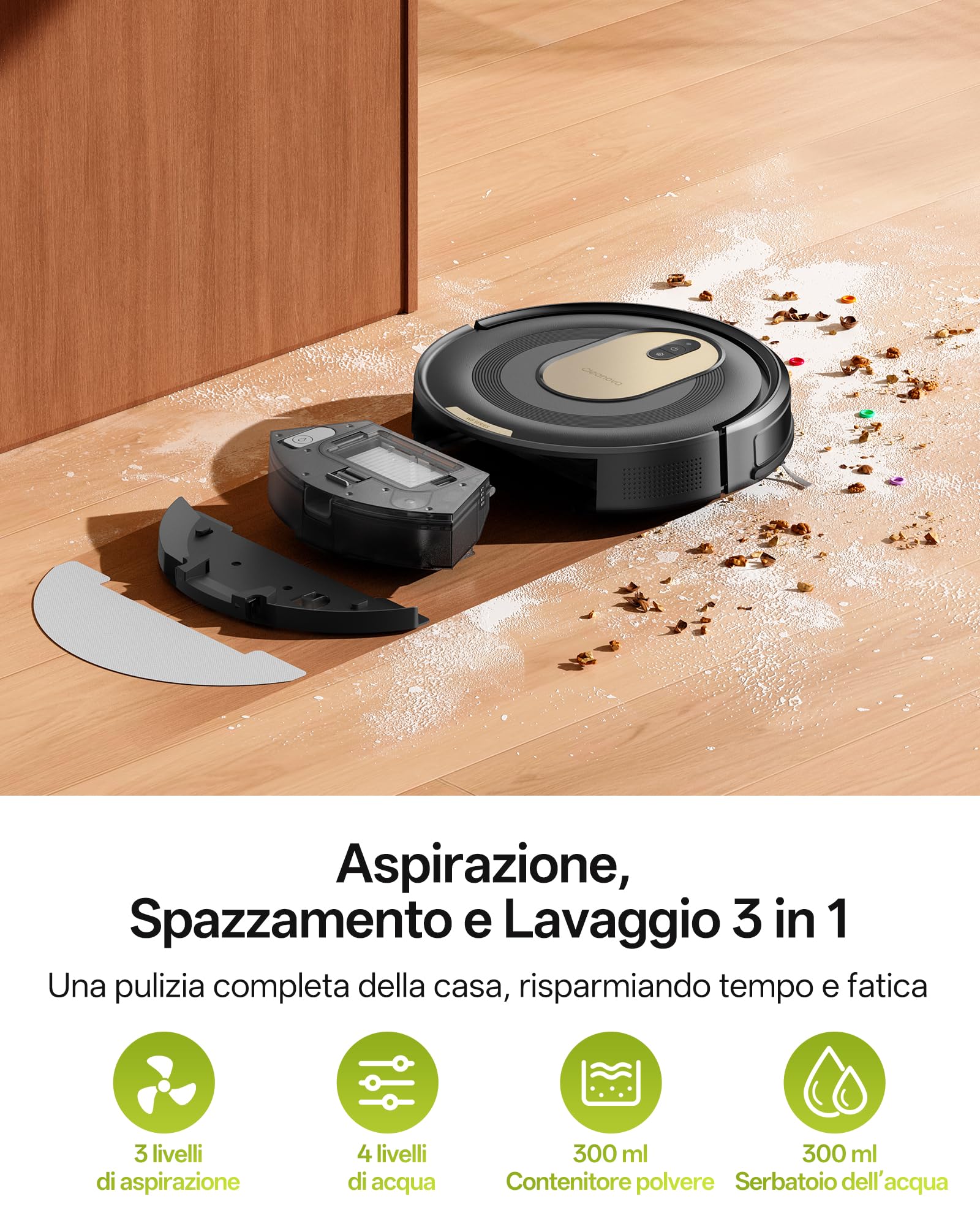 Vexilar W8 Robot Aspirapolvere Lavapavimenti 8,000Pa 2,5 Ore, Silenzioso Aspirapolvere Robot Potente per Pavimenti/Tappeti,Controllo Vocale/APP/Telecomando