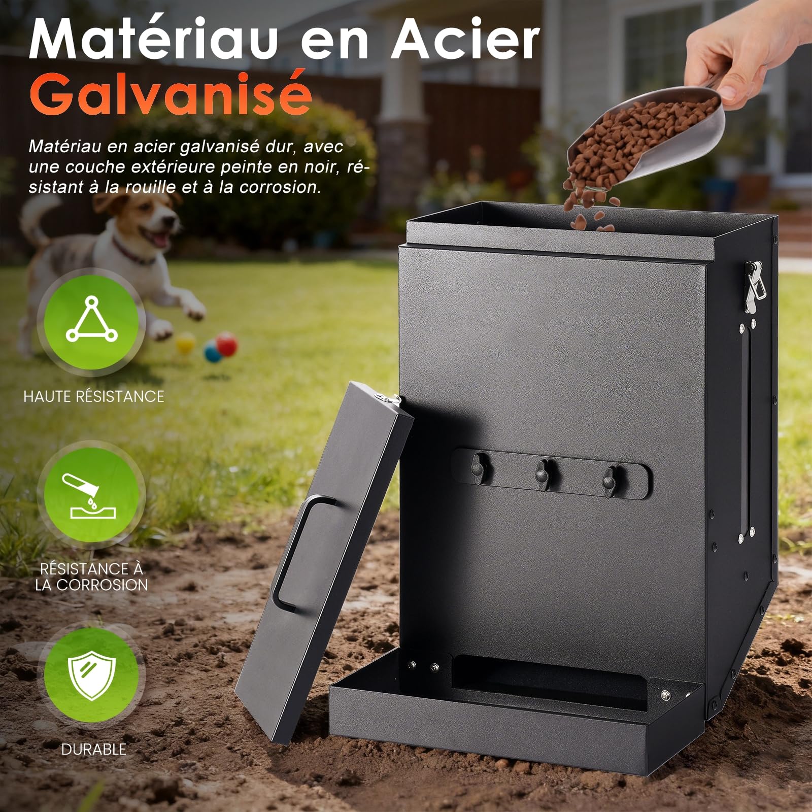 Distributeur Automatique de Nourriture pour Chien en Acier Galvanisé à Suspendre Distributeur de Nourriture pour Animal de Compagnie à Gravité Automatique Extérieur Grande Capacité de 16 L