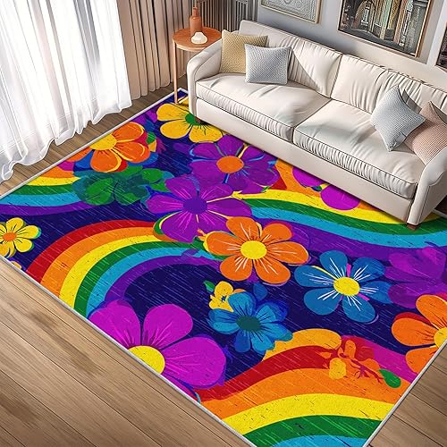 Miniatura 2 de 70's Rugs for Living Room Washable Large 6x9 Area Rugs with Rianbow Floral Daisy Retro Print, Ultra Thin Soft Bedroom Rug, 70's Home Decor Indoor