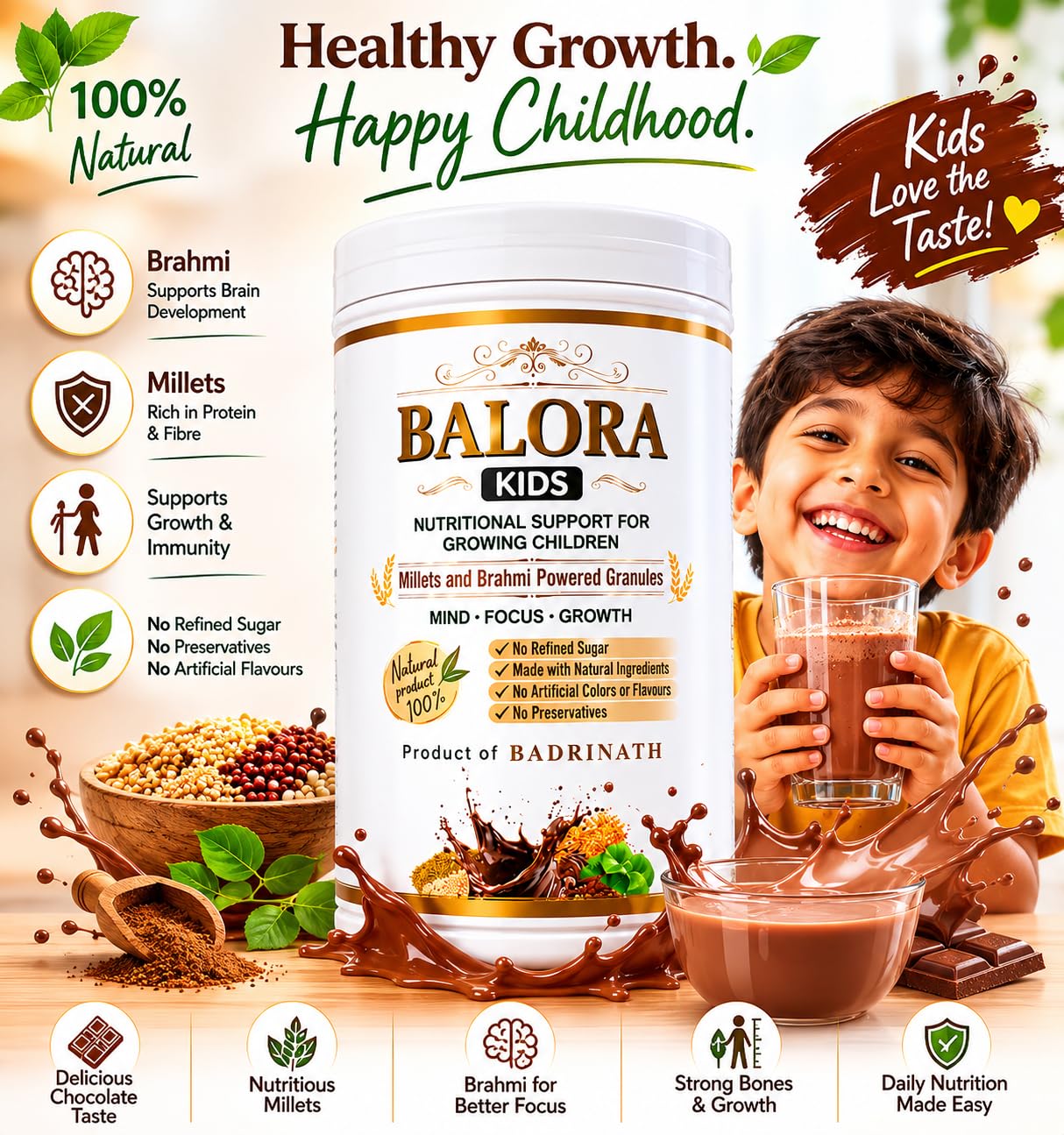 Badrinath Brahmi Millet Mix for Kids, 250 g, Chocolate Flavoured Nutrition Drink with Millets & Brahmi, No Added Preservatives, Daily Breakfast Mix for Growing Children — Amazon image 2