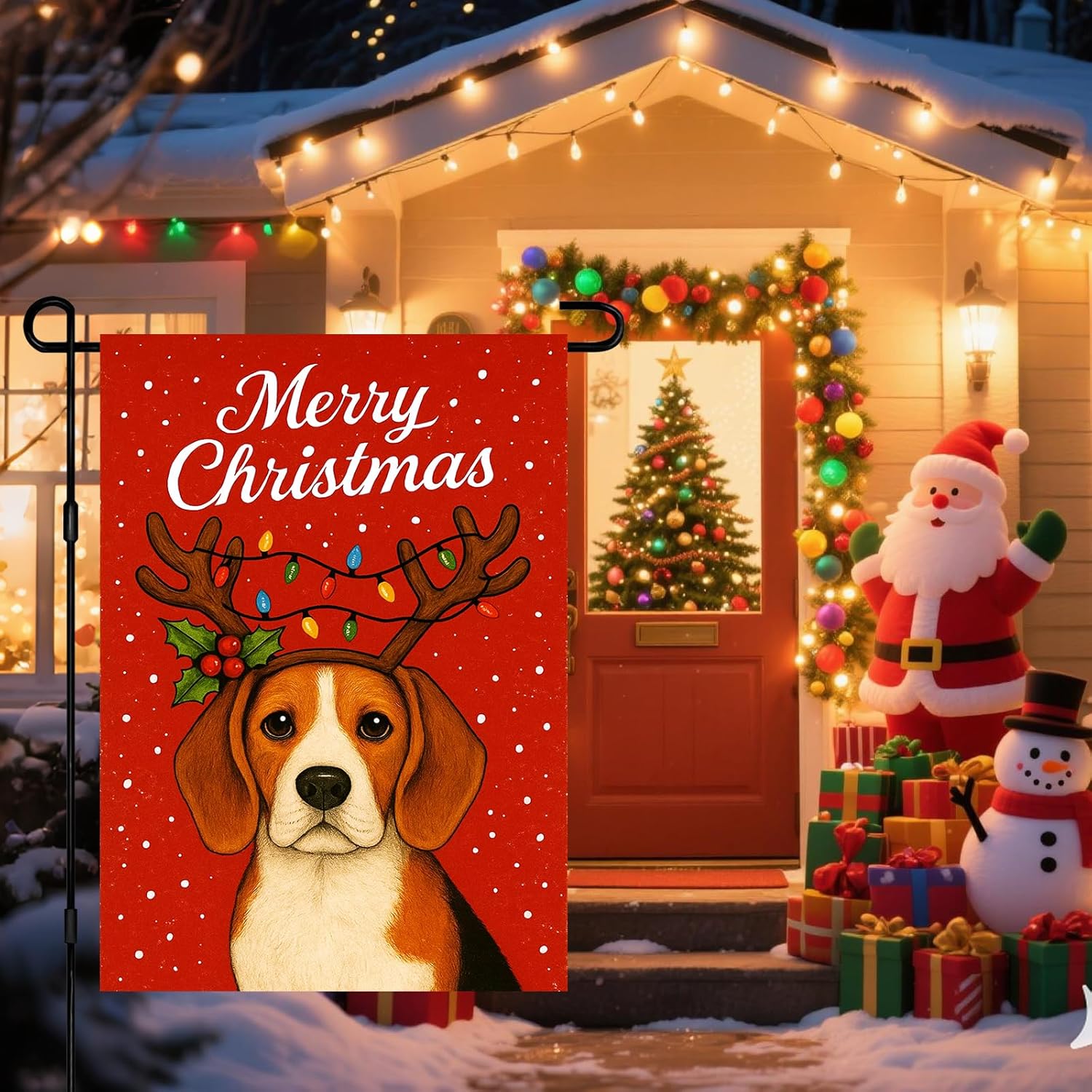 Christmas Garden Flag 12x18 Inch Welcome Beagle Dog Outdoor Flag Double Sided Holiday Puppy Yard Banner with Antlers and Holly for Porch Lawn Patio - Image 2