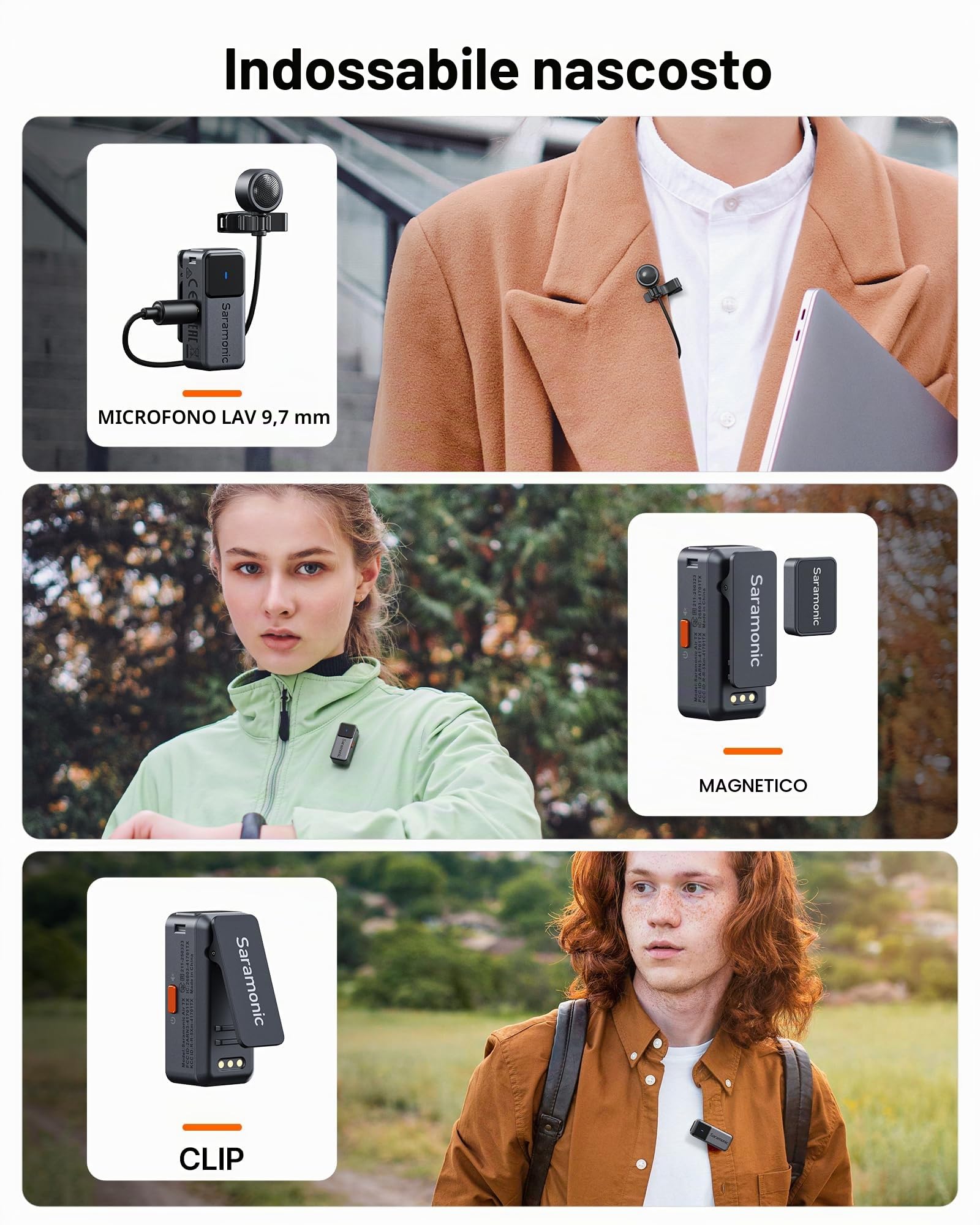Saramonic Air Microfono Lavalier Wireless con Custodia di Ricarica, Microfono Esterno Ø9,7 mm, 48 kHz/24 Bit, 90 dB SNR, Mini Microfono a Clip USB-C per iPhone Serie 15/16