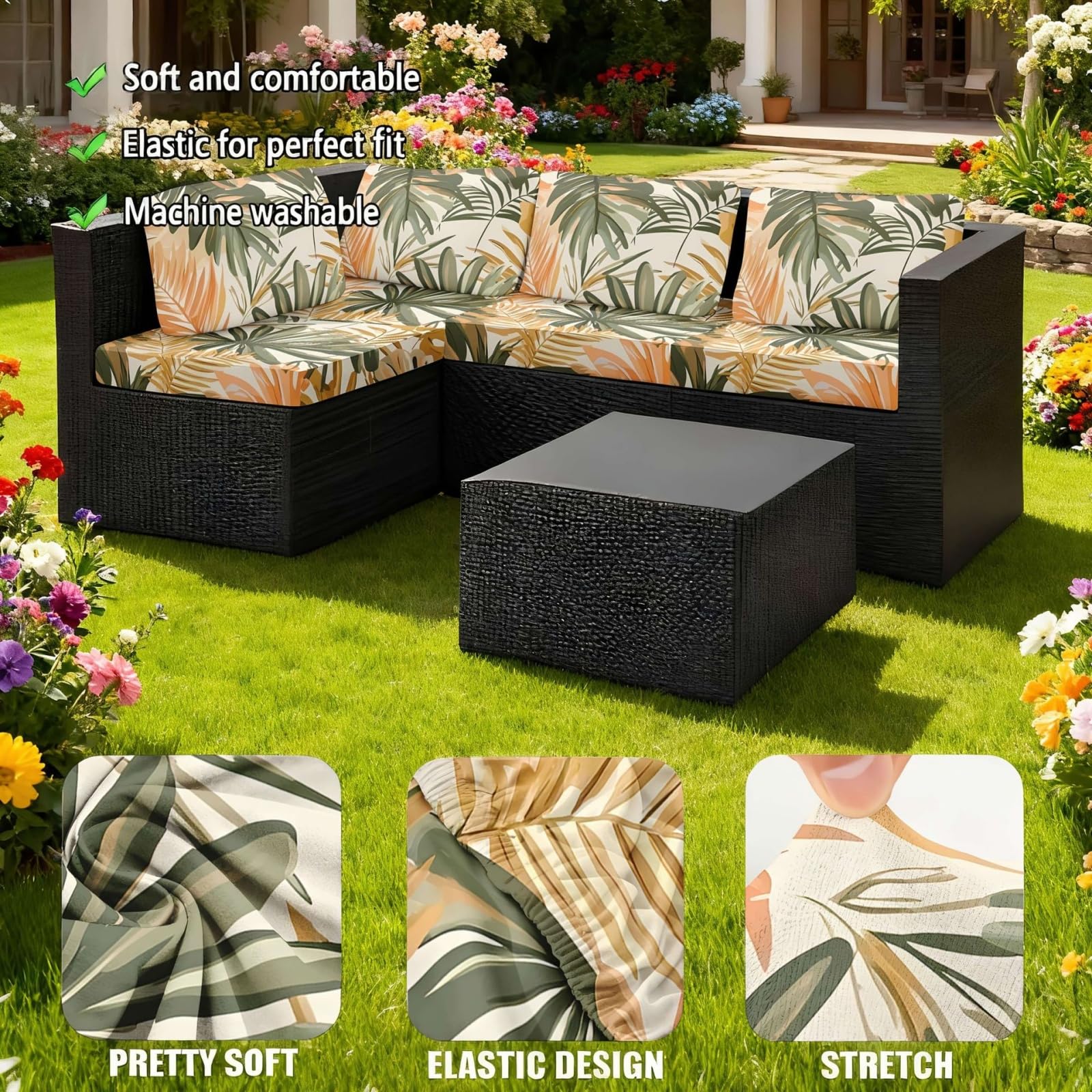 Morbuy Copricuscini Impermeabili per Esterno Giardino Patio, Set 6/8, Divano Angolare in Rattan (Alberi in fiore)