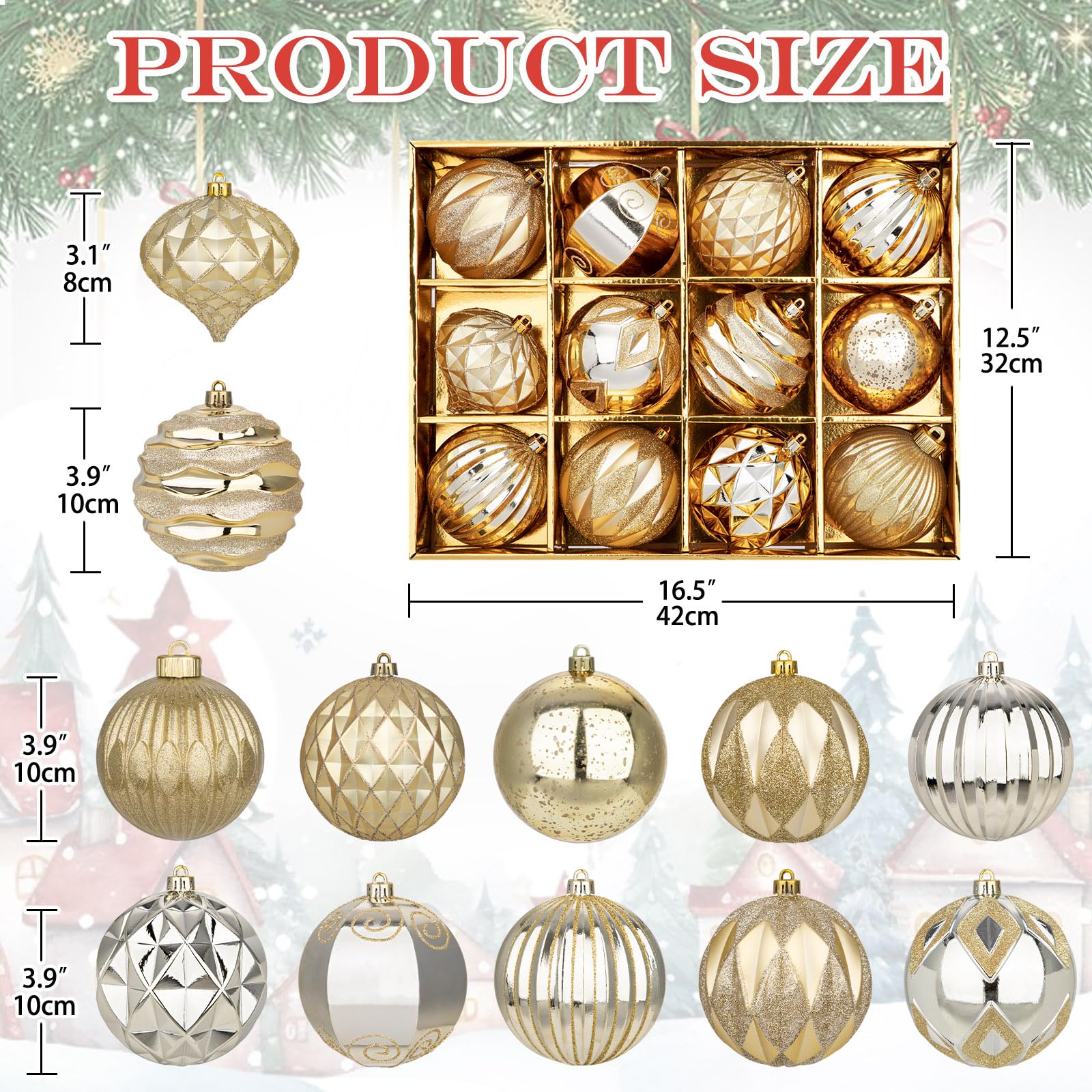 Lot de 12 boules de Noël de 10 cm - Grandes boules de Noël incassables - Pour décoration d'arbre de Noël - Boules de Noël - Boules de Noël - Boules de Noël avec crochet de suspension