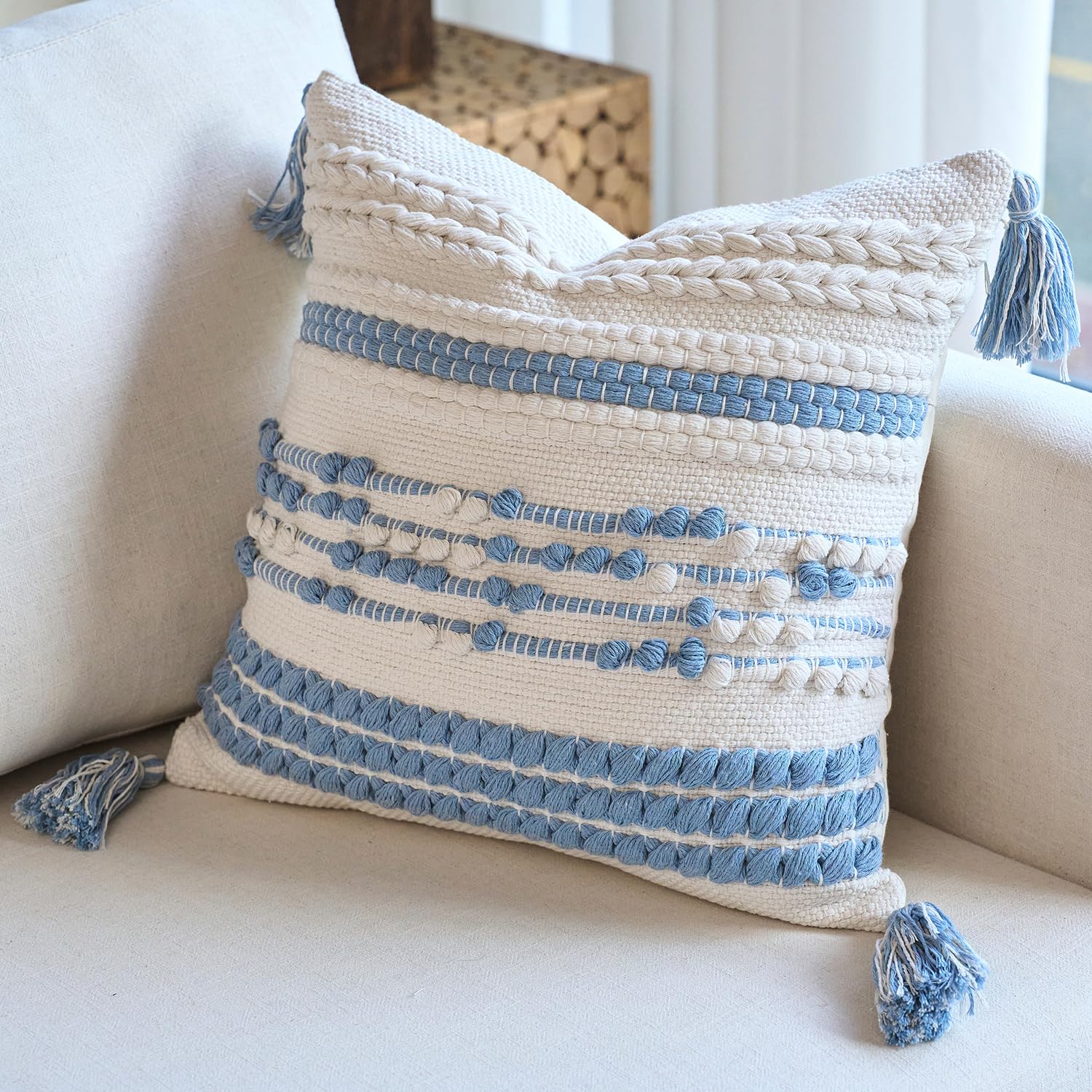 DEZENE Handmade Decorative Pillow Cover Boho Accent Woven Textured Square Throw Pillow Case for Couch Sofa Farmhouse Living