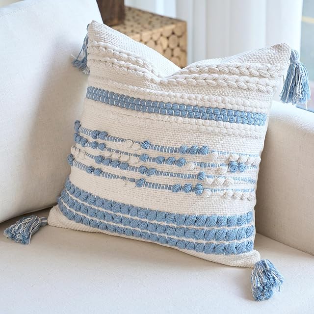 DEZENE Handmade Decorative Pillow Cover Boho Accent Woven Textured Square Throw Pillow Case for Couch Sofa Farmhouse Living