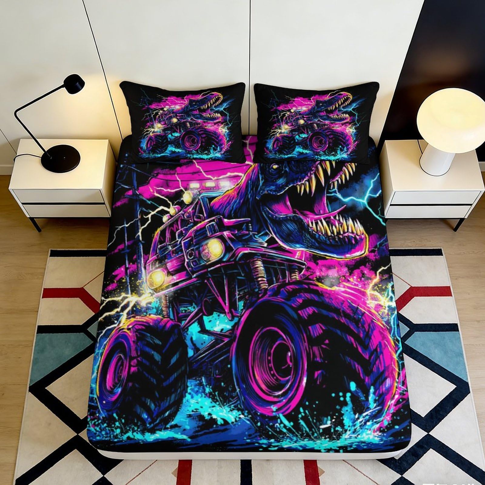3D Printed Neon Monster Truck Fitted Sheet Microfiber Vibrant Dinosaur Bed Cover for Bedroom Dorm Mattress Protection Decor 90x200x25cm